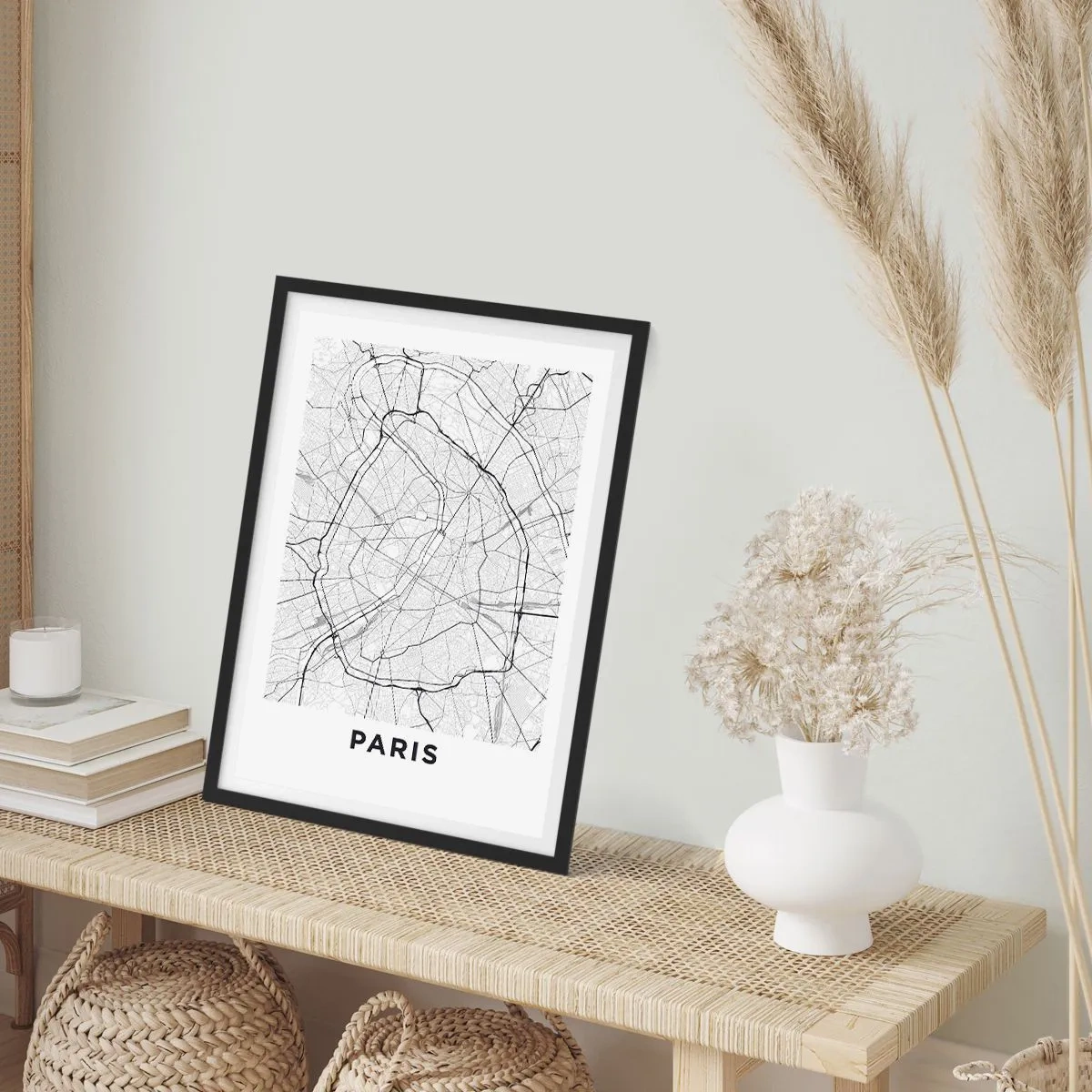 Plakát v černém rámu - Mapa Paříže v minimalistickém černobílém stylu. - 50x70cm - Květ Paříže - Moderní nástěnná dekorace do obývacího pokoje a ložnice ARTTOR