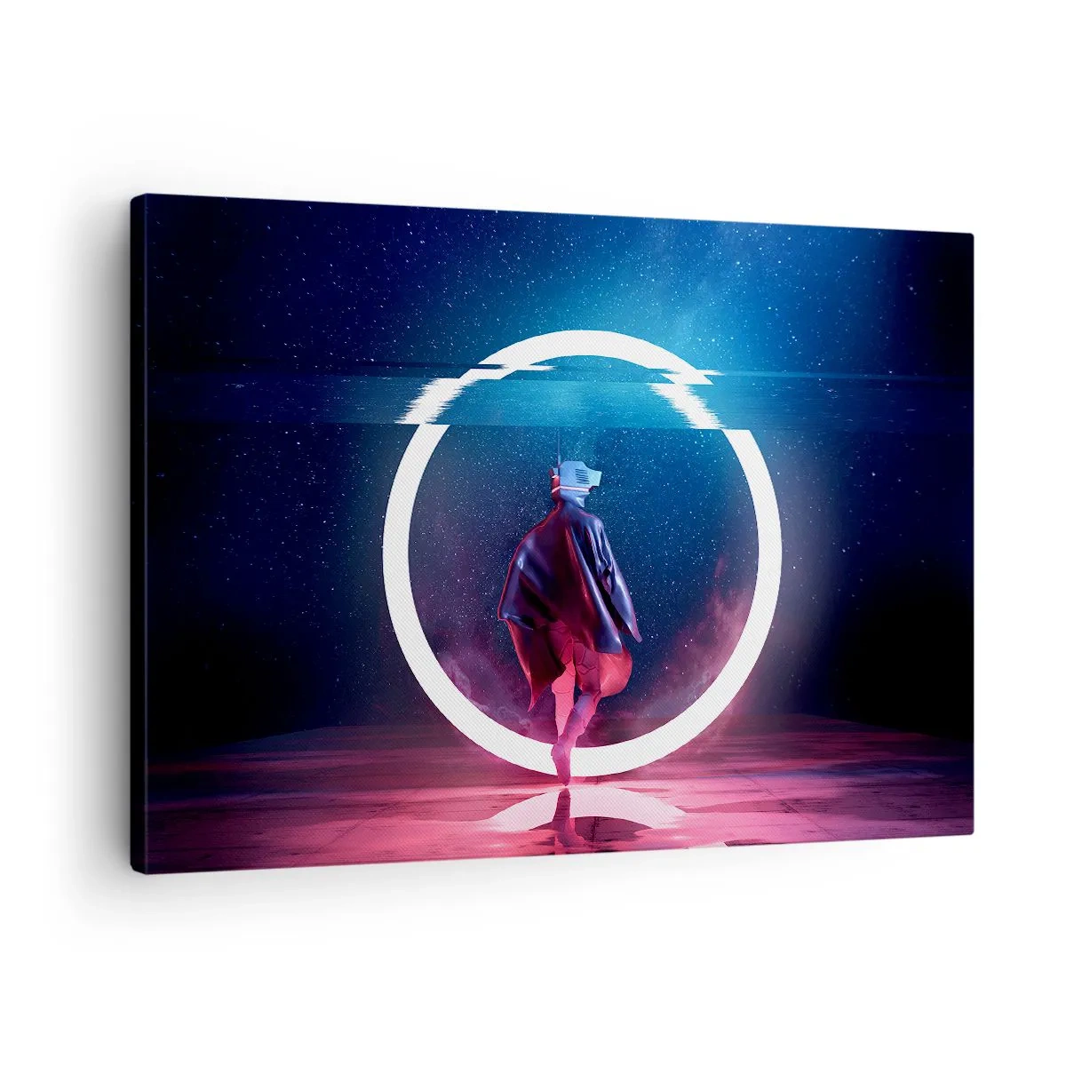 Obraz na plátně - Postava ve futuristickém prostředí s neonovým kruhem - 70x50cm - Mezi světy - Moderní nástěnná dekorace do obývacího pokoje a ložnice ARTTOR