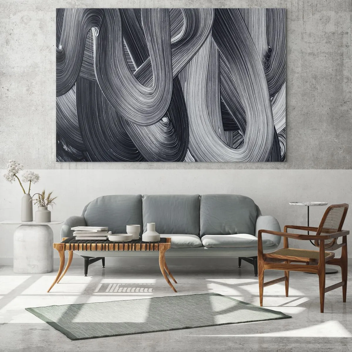 Obraz na skle - Abstraktní tahy štětcem v odstínech černé a šedé - 70x50cm - Plynulost reality - Moderní nástěnná dekorace do obývacího pokoje a ložnice ARTTOR