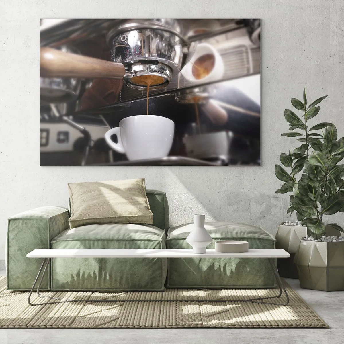 Obraz na skle - Detail šálku kávy nalévaného z tlakového kávovaru - 70x50cm - Dobrá chvíle dne - Moderní nástěnná dekorace do obývacího pokoje a ložnice ARTTOR
