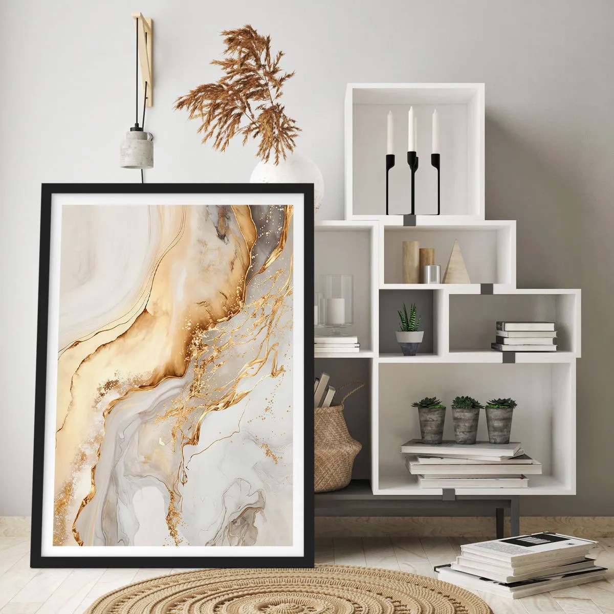 Plakát v černém rámu - Abstraktní složení ze zlatého a bílého mramoru - 50x70cm - Abstrakce: krása a dobro - Moderní nástěnná dekorace do obývacího pokoje a ložnice ARTTOR
