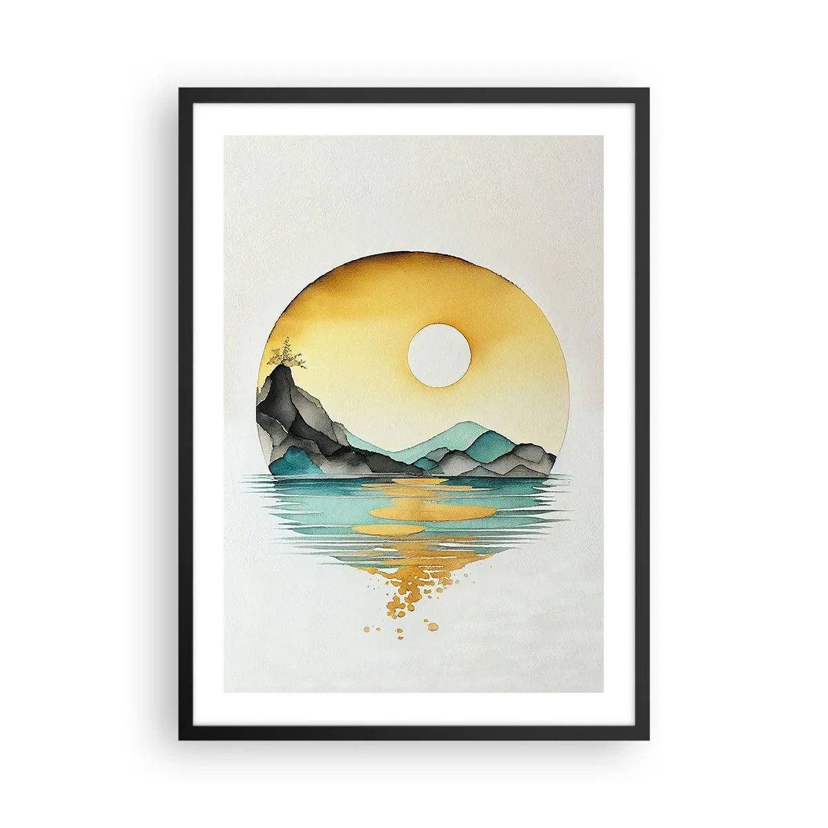 Plakát v černém rámu - Minimalistická krajina hor nad vodou ve zlatých barvách - 50x70cm - V kruhu krásy - Moderní nástěnná dekorace do obývacího pokoje a ložnice ARTTOR