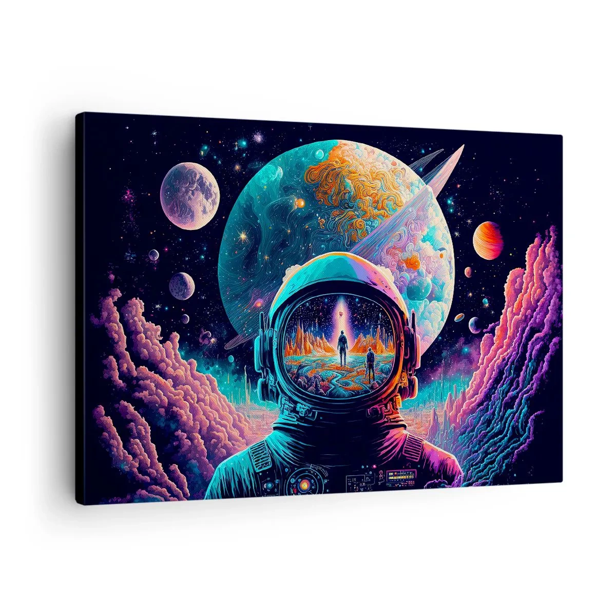 Obraz na plátně - Astronaut ve vesmíru s barevnou planetární krajinou - 70x50cm - Filosofům se to ani nesnilo - Moderní nástěnná dekorace do obývacího pokoje a ložnice ARTTOR