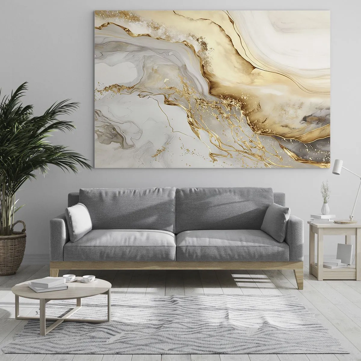 Obraz na skle - Zlaté a béžové abstraktní pruhy na světlém pozadí - 70x50cm - Abstrakce: krása a dobro - Moderní nástěnná dekorace do obývacího pokoje a ložnice ARTTOR