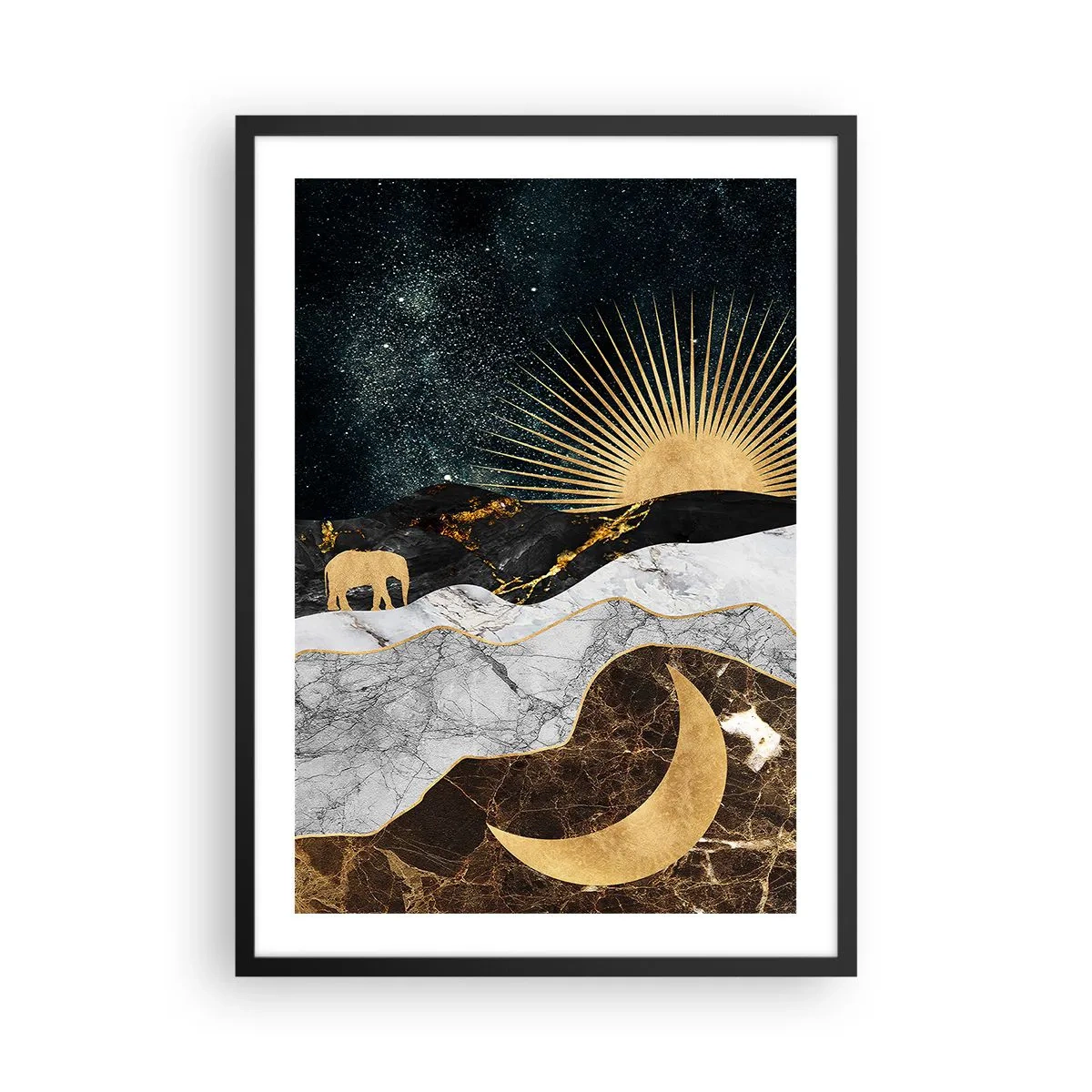 Plakát v černém rámu - Zlatá krajina s měsícem, sluncem a siluetou slona - 50x70cm - Odvěké práva - Moderní nástěnná dekorace do obývacího pokoje a ložnice ARTTOR