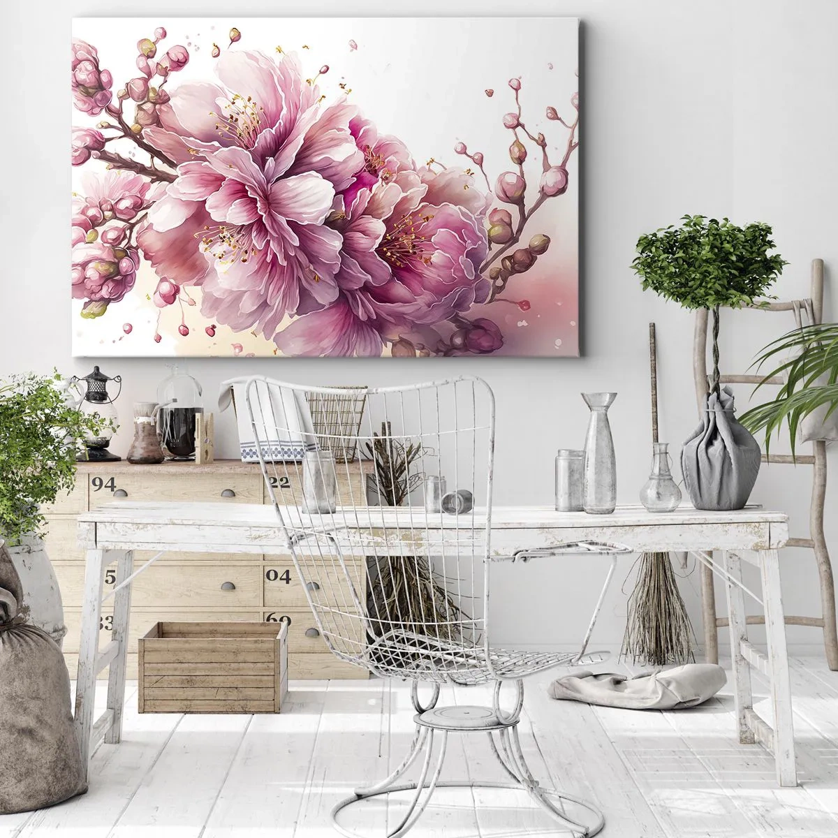 Obraz na plátně - Křehké třešňové květy v plném květu na světlém pozadí - 70x50cm - Květ kvetoucí třešně - Moderní nástěnná dekorace do obývacího pokoje a ložnice ARTTOR