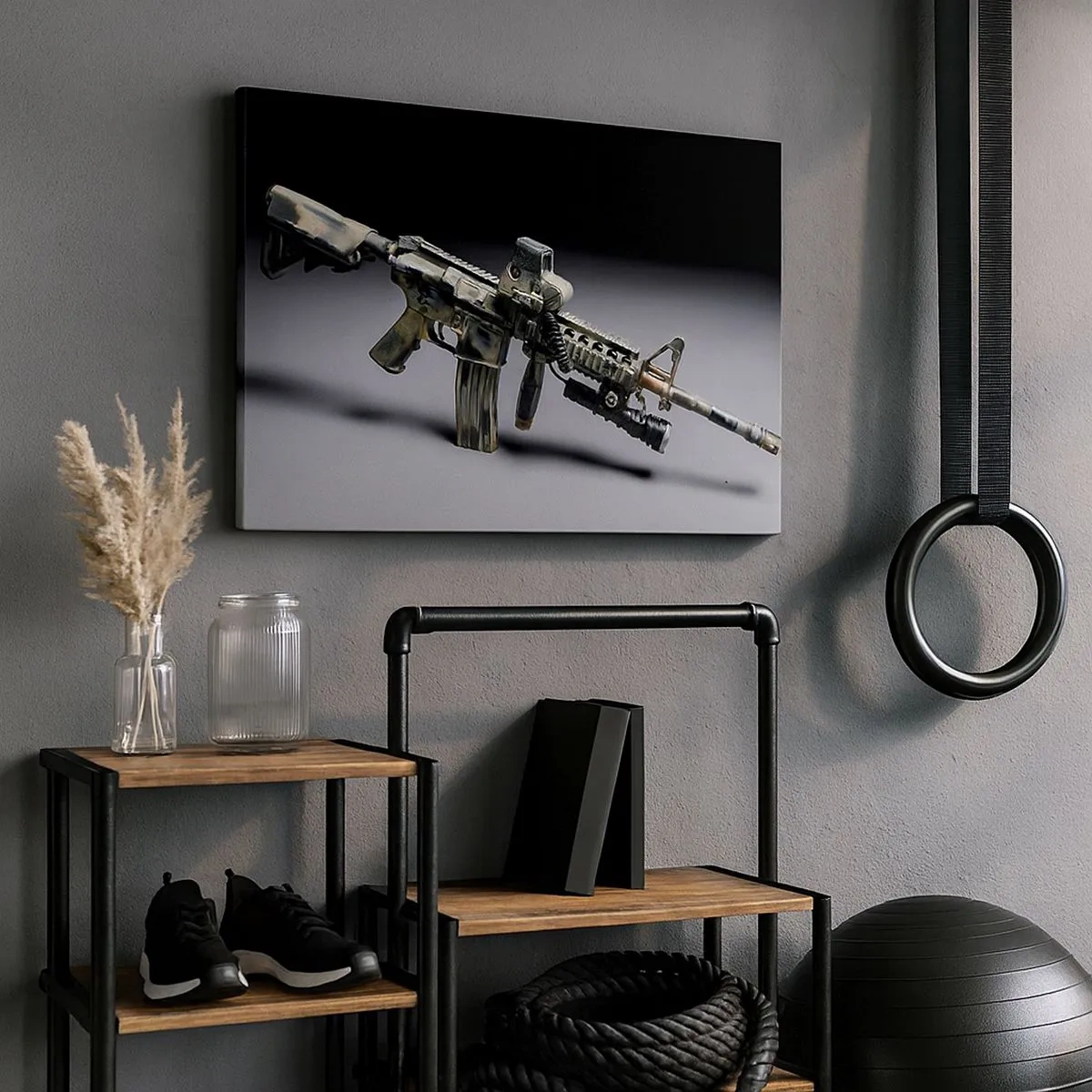 Obraz na plátně - Moderní zbraň v maskovací barvě na tmavém pozadí - 70x50cm - Vždy nebezpečný - Moderní nástěnná dekorace do obývacího pokoje a ložnice ARTTOR