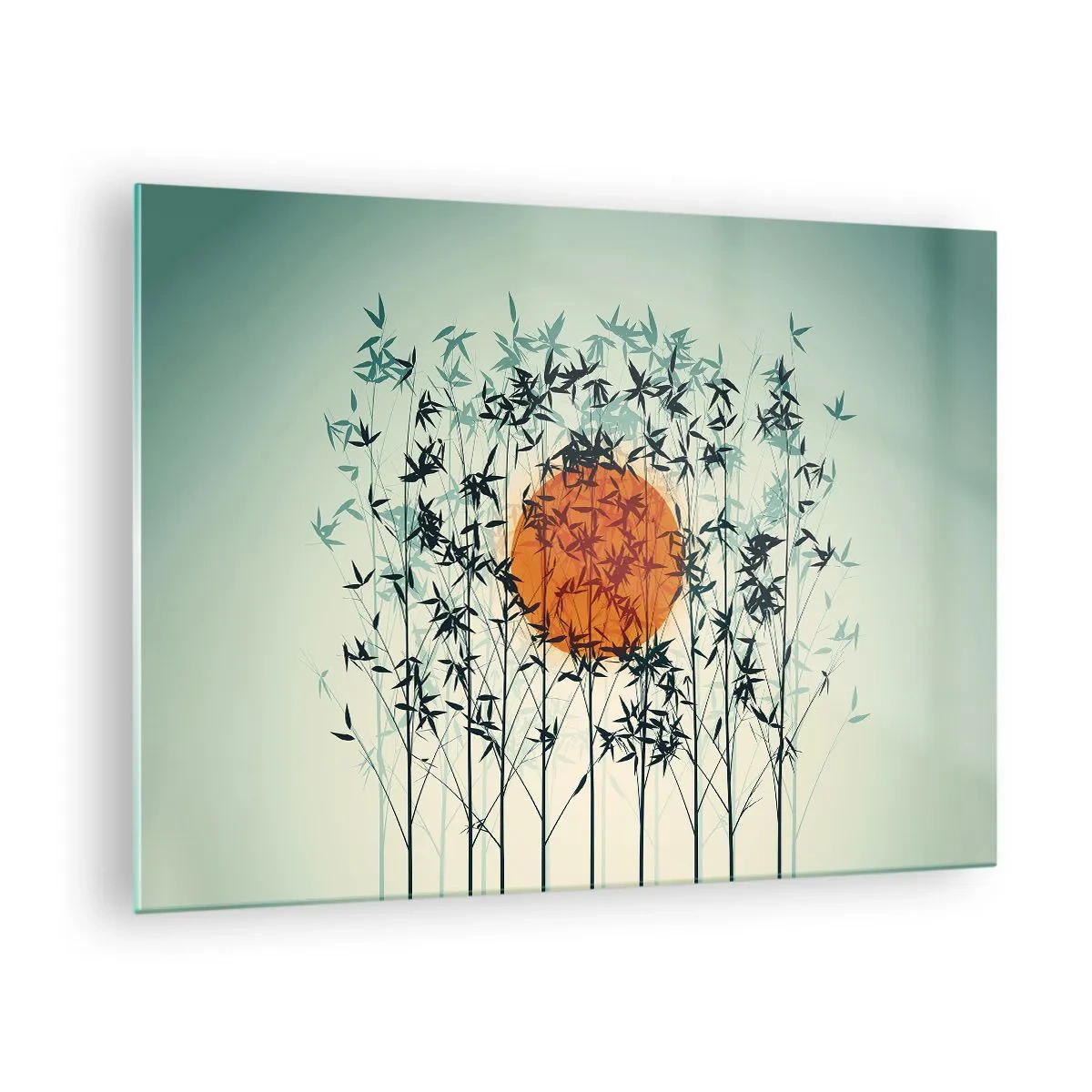 Obraz na skle - Rudé slunce mezi křehkými bambusovými listy - 70x50cm - Japonské slunce - Moderní nástěnná dekorace do obývacího pokoje a ložnice ARTTOR