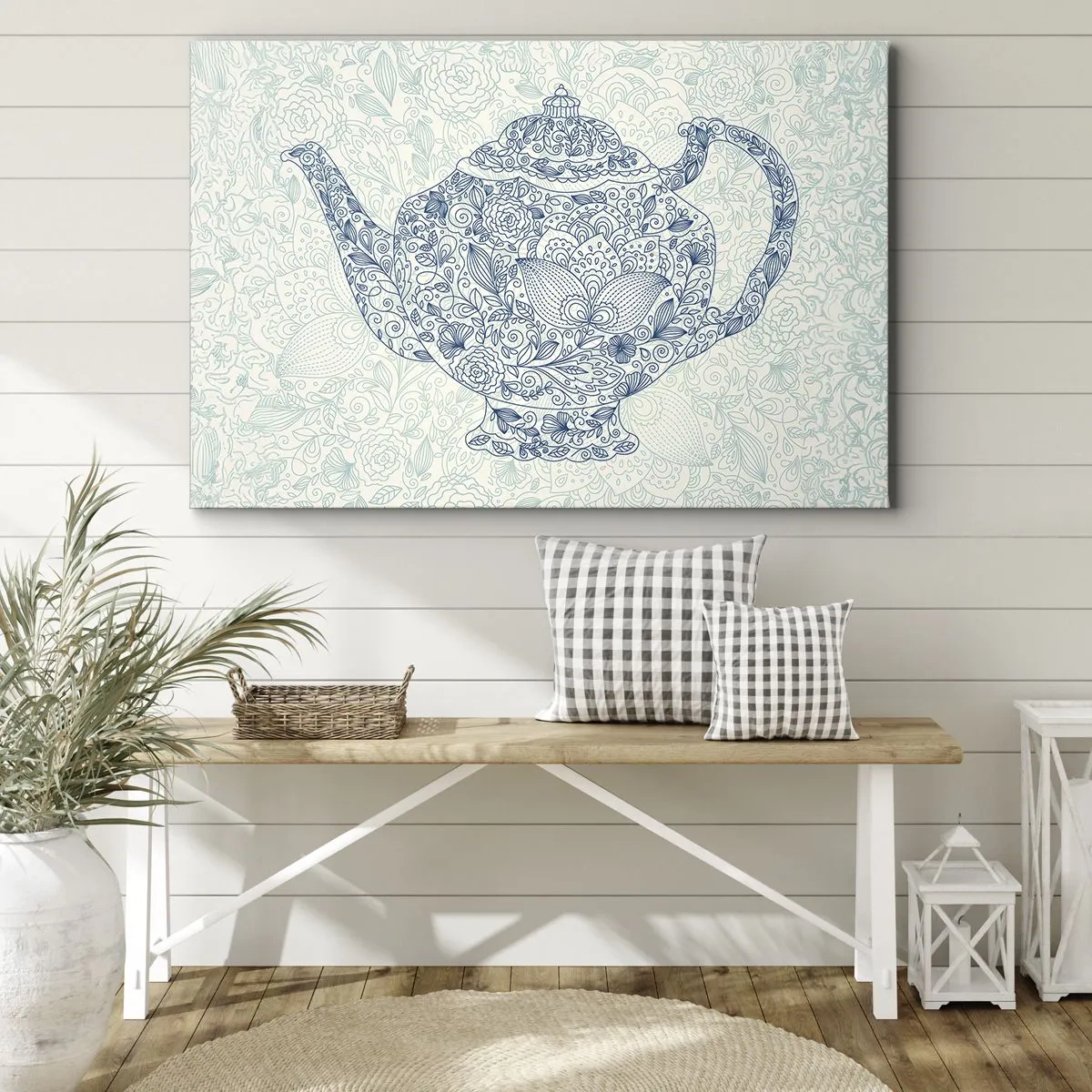 Obraz na plátně - Dekorativní kresba konvice na čaj s modrými ornamenty - 70x50cm - Čajové kouzlo - Moderní nástěnná dekorace do obývacího pokoje a ložnice ARTTOR