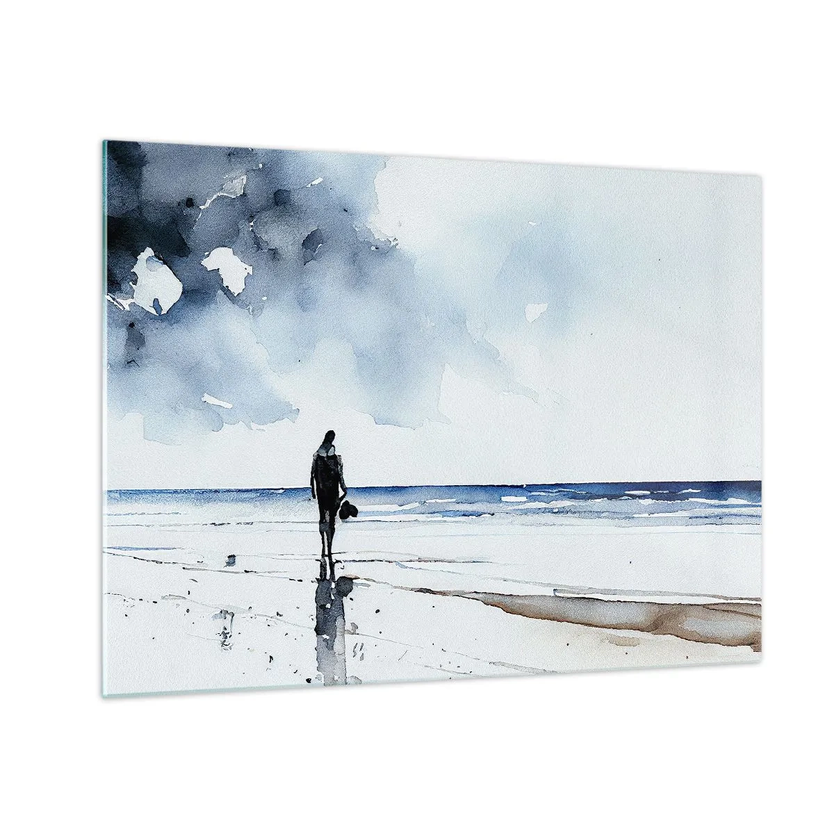 Obraz na skle - Silueta osoby na pobřeží v jemném akvarelu - 70x50cm - Rozhovor s mořem - Moderní nástěnná dekorace do obývacího pokoje a ložnice ARTTOR
