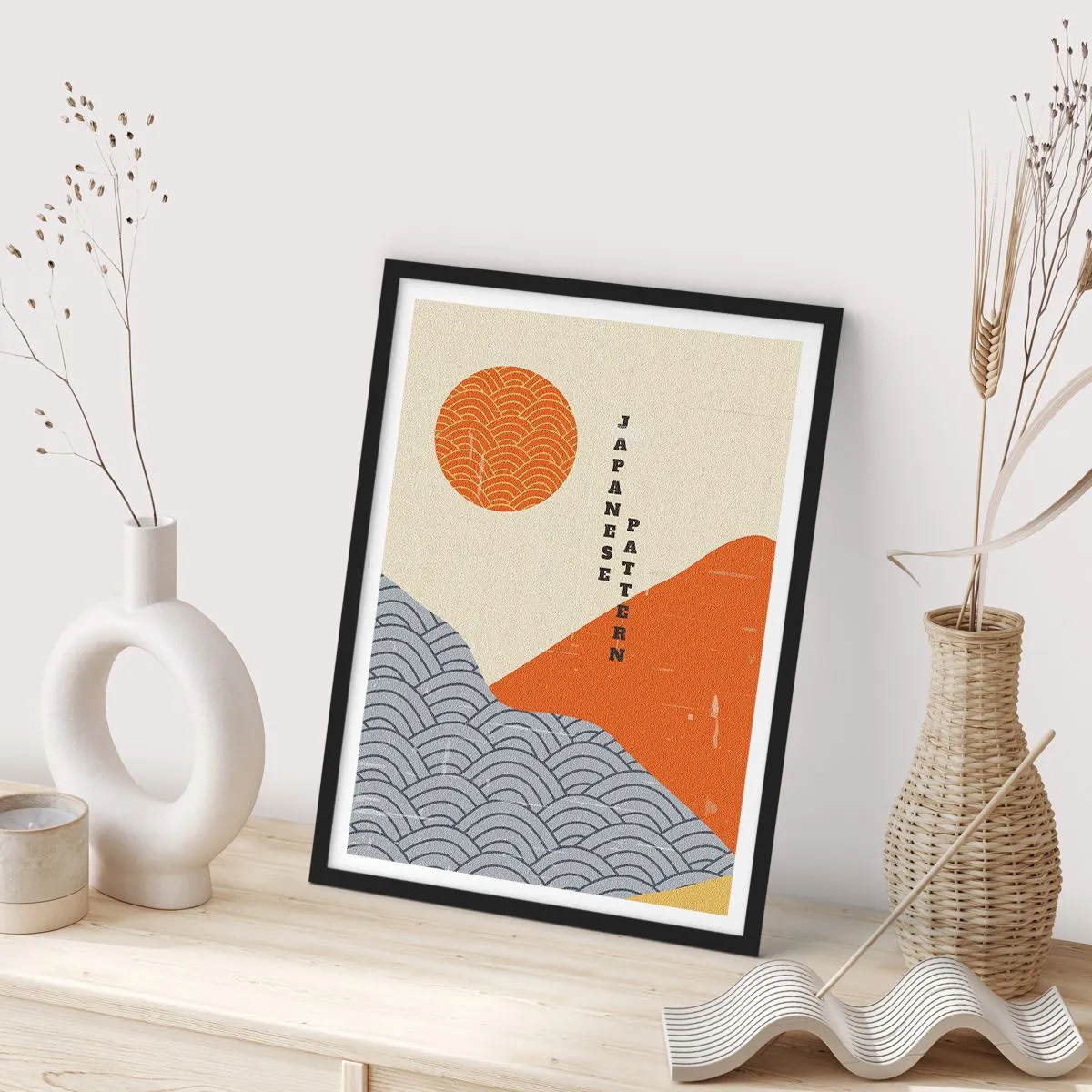 Plakát v černém rámu - Minimalistický japonský vzor s vlnami a sluncem - 50x70cm - V japonském duchu - Moderní nástěnná dekorace do obývacího pokoje a ložnice ARTTOR