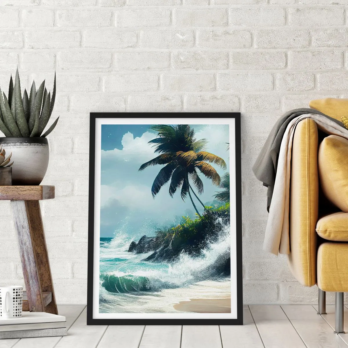 Plakát v černém rámu - Tropická pláž s palmami a rozbouřeným oceánem - 50x70cm - Na tropickém pobřeží - Moderní nástěnná dekorace do obývacího pokoje a ložnice ARTTOR