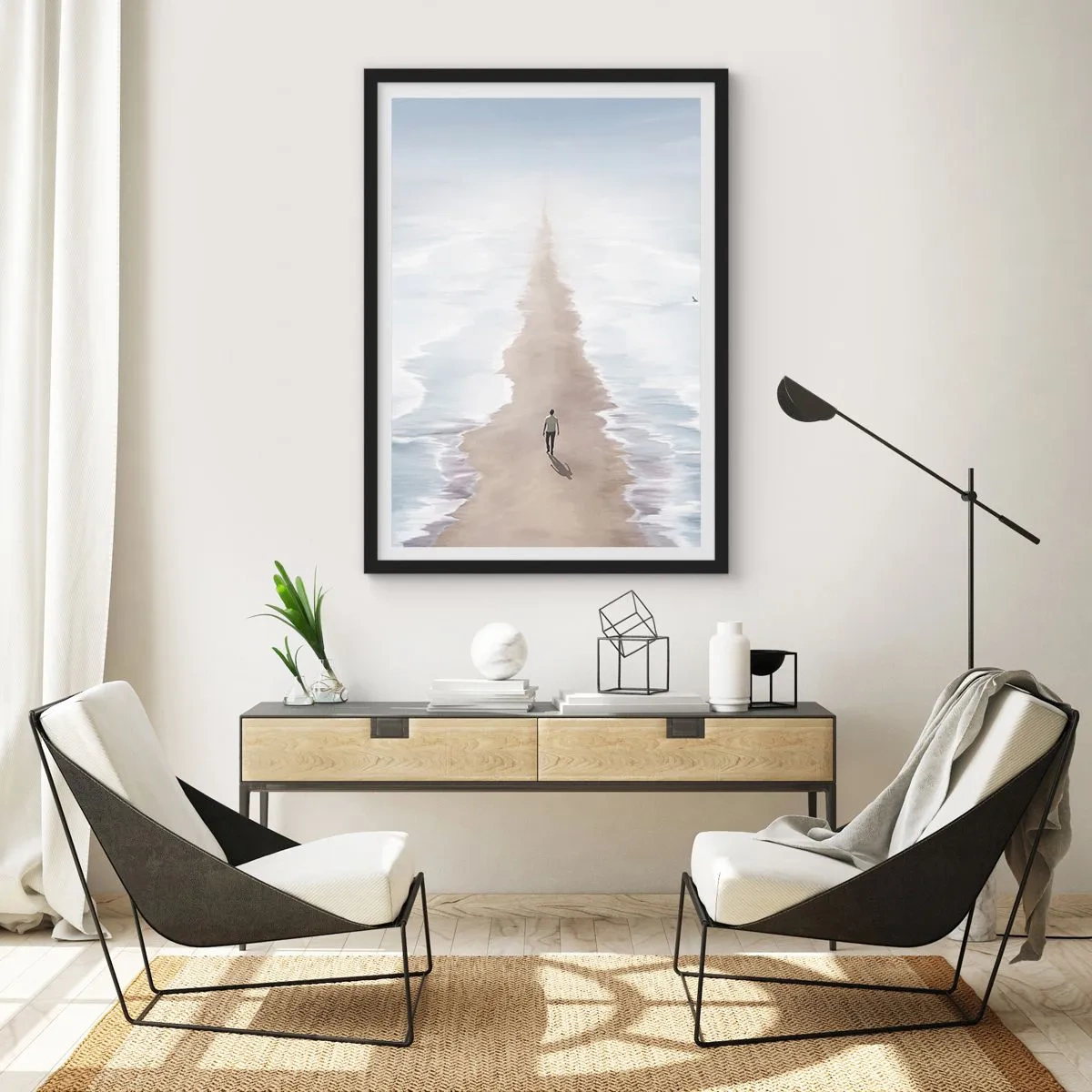 Plakát v černém rámu - Postava kráčí sama po cestě mezi klidnými vodami. - 50x70cm - Světlá budoucnost - Moderní nástěnná dekorace do obývacího pokoje a ložnice ARTTOR