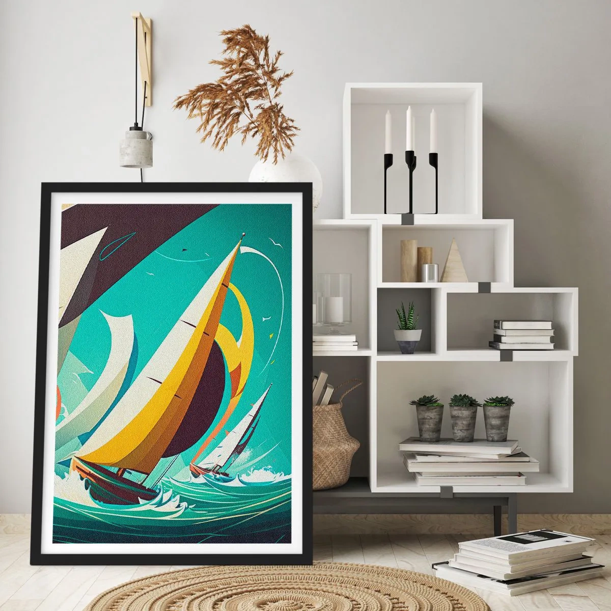 Plakát v černém rámu - Abstraktní plachetní regata na rozbouřeném moři - 50x70cm - Jak vycházet s živly - Moderní nástěnná dekorace do obývacího pokoje a ložnice ARTTOR