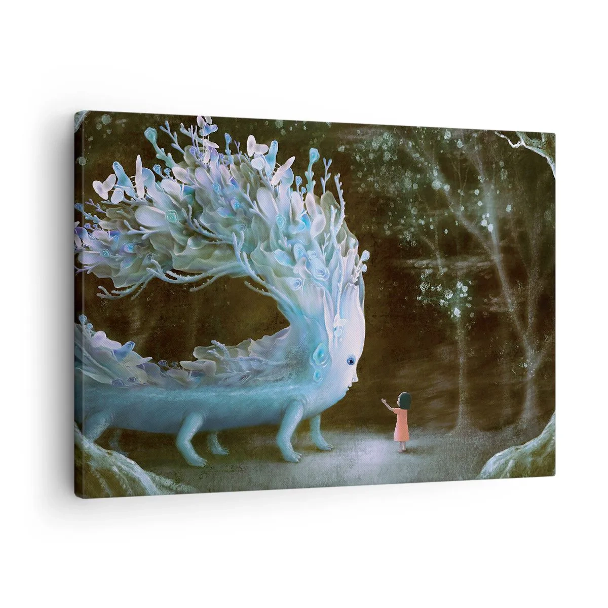 Obraz na plátně - Postava dívky tváří v tvář fantastickému tvorovi - 70x50cm - Fantastické setkání - Moderní nástěnná dekorace do obývacího pokoje a ložnice ARTTOR