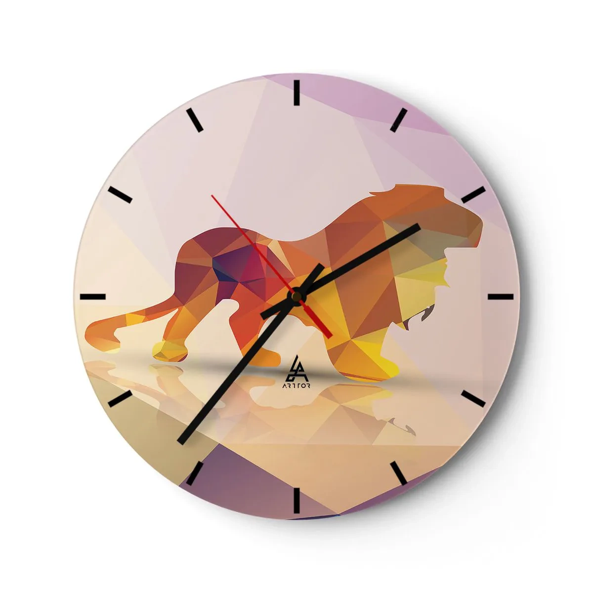 Nástěnné hodiny - Geometrický lev v odstínech žluté a fialové - 30x30cm - Diamantový král - Moderní nástěnná dekorace do obývacího pokoje, kuchyně a ložnice ARTTOR