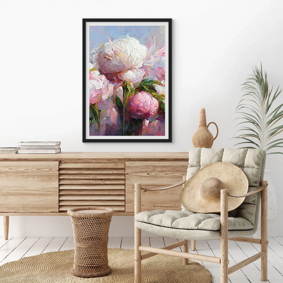 Plakát v černém rámu - Pivoňky v romantické, malířské kompozici - 50x70cm - Kytice překypující životem - Moderní nástěnná dekorace do obývacího pokoje a ložnice ARTTOR
