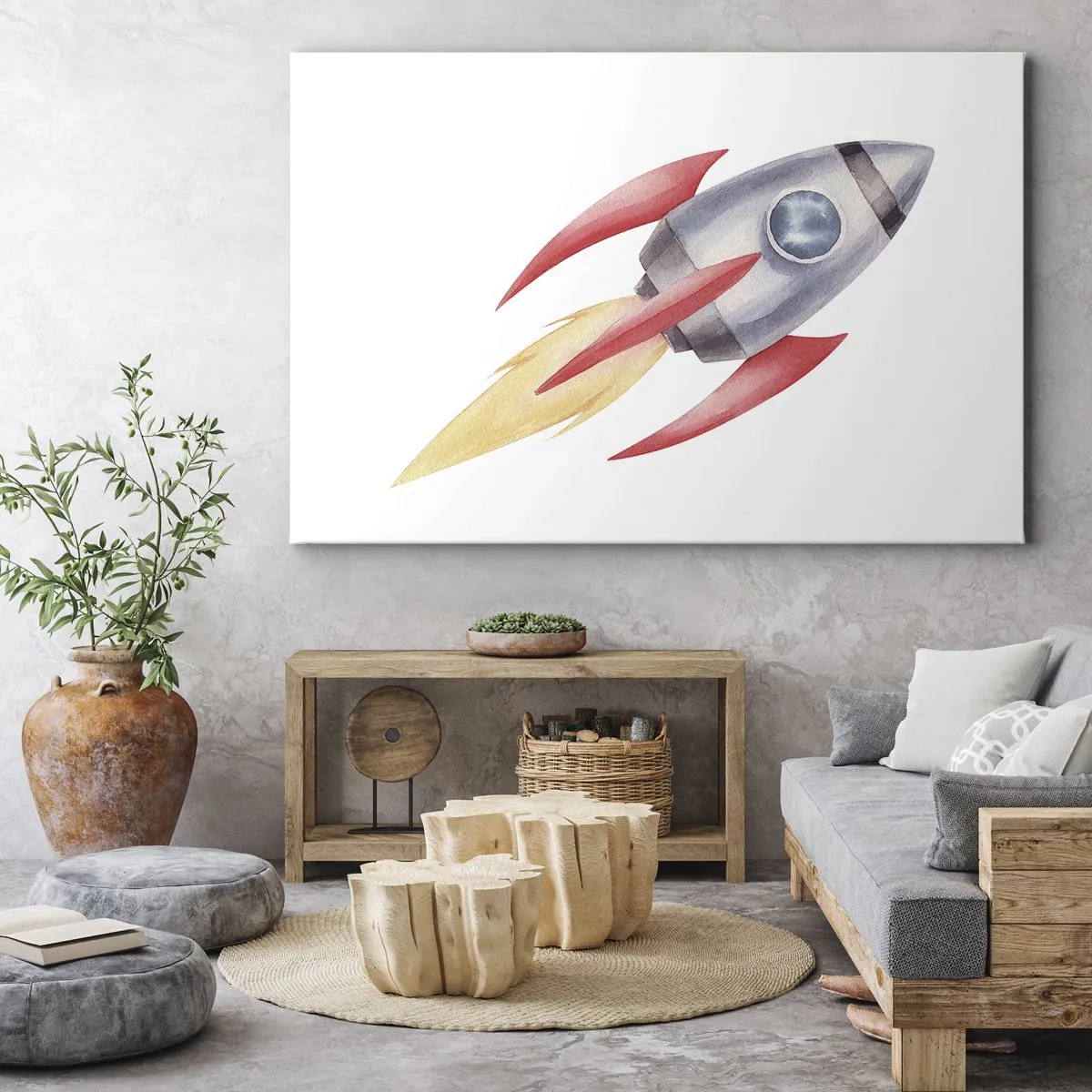 Obraz na plátně - Raketa ve stylu akvarelu na bílém pozadí - 70x50cm - Výš, rychleji, dál - Moderní nástěnná dekorace do obývacího pokoje a ložnice ARTTOR