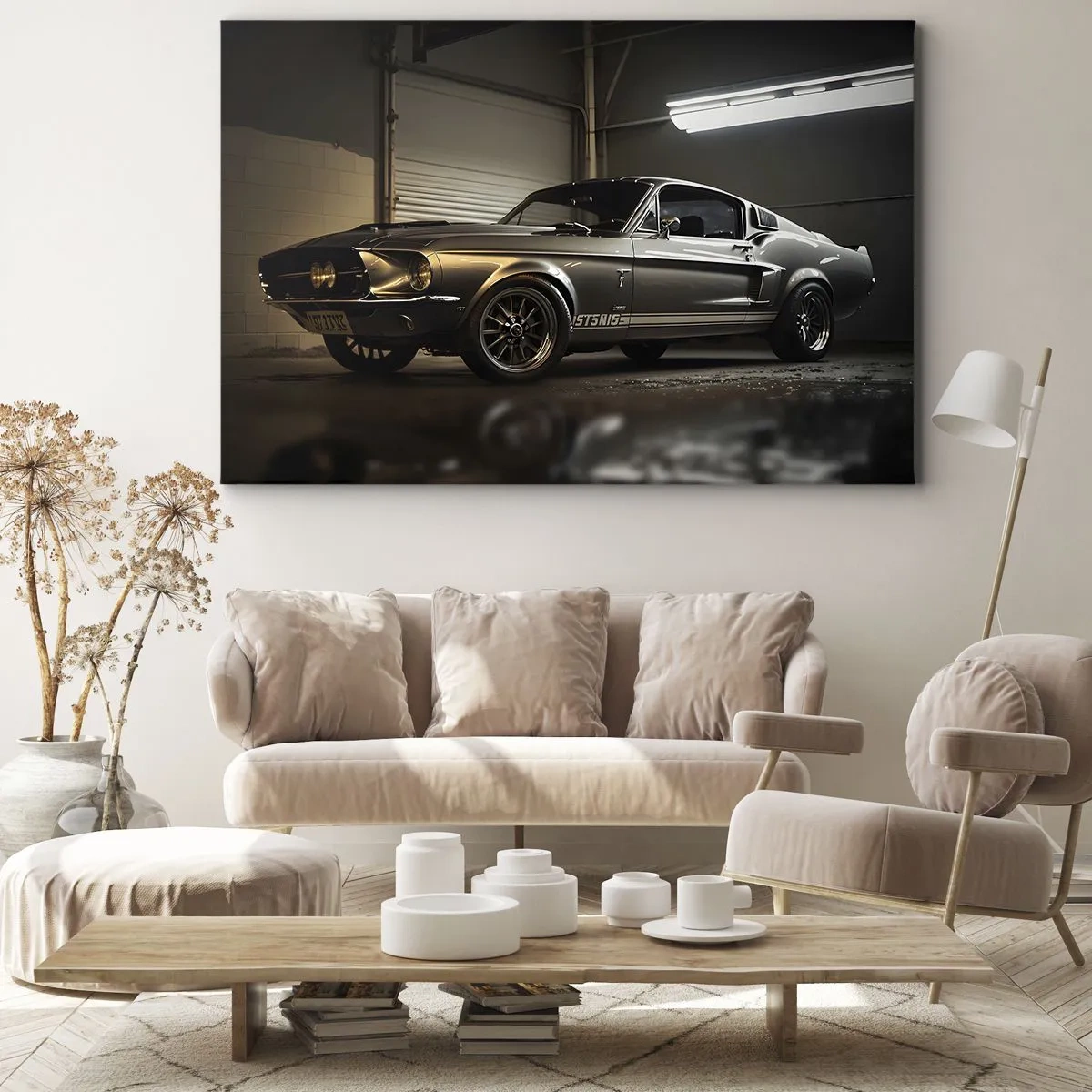 Obraz na plátně - Klasické auto v retro garáži - 70x50cm - Návrat do minulosti - Moderní nástěnná dekorace do obývacího pokoje a ložnice ARTTOR