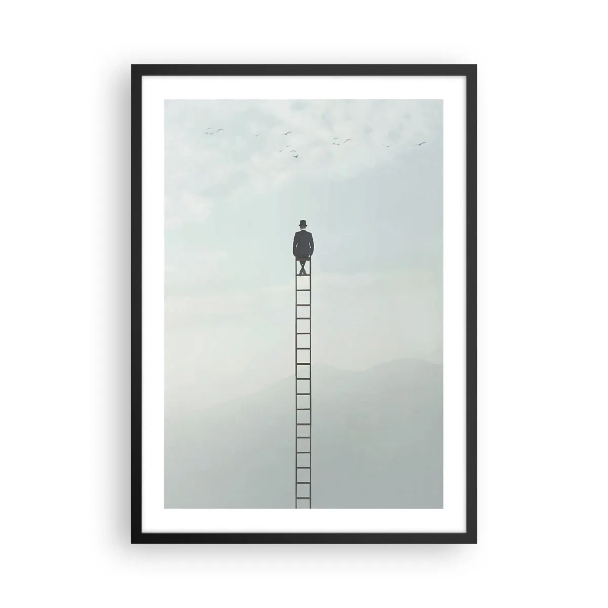 Plakát v černém rámu - Muž na žebříku se dívá na oblohu - 50x70cm - Povznést se nad to - Moderní nástěnná dekorace do obývacího pokoje a ložnice ARTTOR