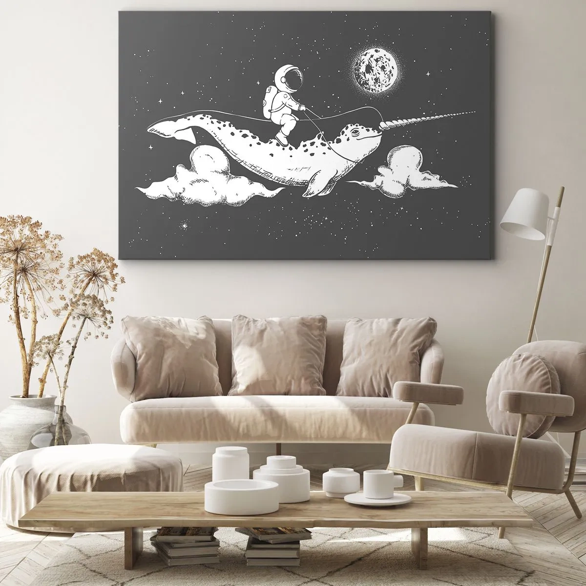 Obraz na plátně - Astronaut na zádech narvala plujícího ve vesmírné scéně. - 70x50cm - Vesmírný jezdec - Moderní nástěnná dekorace do obývacího pokoje a ložnice ARTTOR
