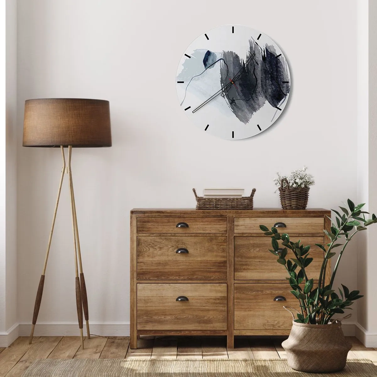 Nástěnné hodiny - Tmavě modré akvarelové skvrny na světlém pozadí - 30x30cm - Intenzita a pohyb - Moderní nástěnná dekorace do obývacího pokoje, kuchyně a ložnice ARTTOR