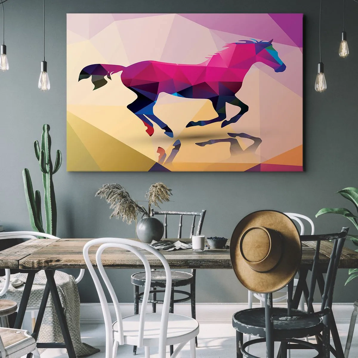 Obraz na plátně - Geometrická silueta cválajícího koně v zářivých barvách - 70x50cm - Kubismus stále živý - Moderní nástěnná dekorace do obývacího pokoje a ložnice ARTTOR