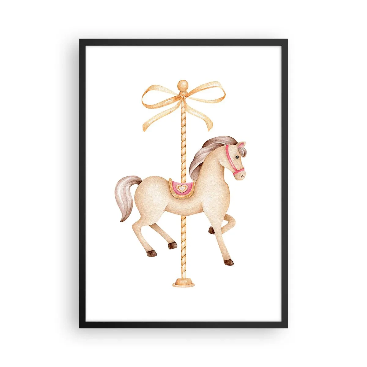 Plakát v černém rámu - Jemná ilustrace kolotočového koně v pastelových barvách - 50x70cm - Elegantním klusem - Moderní nástěnná dekorace do obývacího pokoje a ložnice ARTTOR