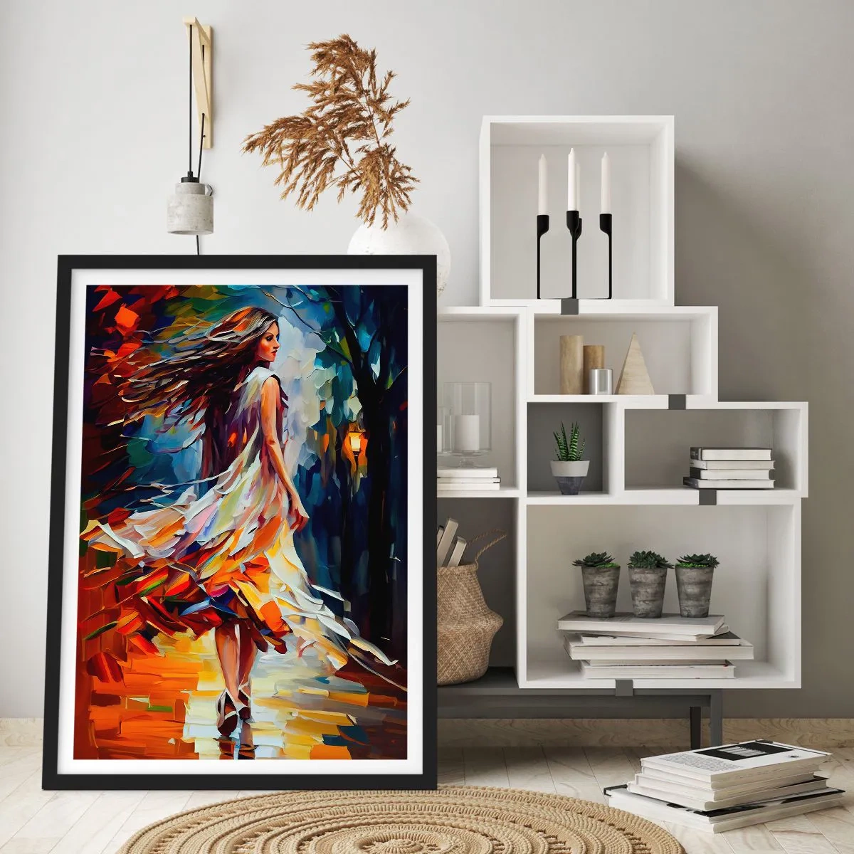 Plakát v černém rámu - Žena tančící mezi barevným podzimním listím - 50x70cm - Podzimní dívka - Moderní nástěnná dekorace do obývacího pokoje a ložnice ARTTOR