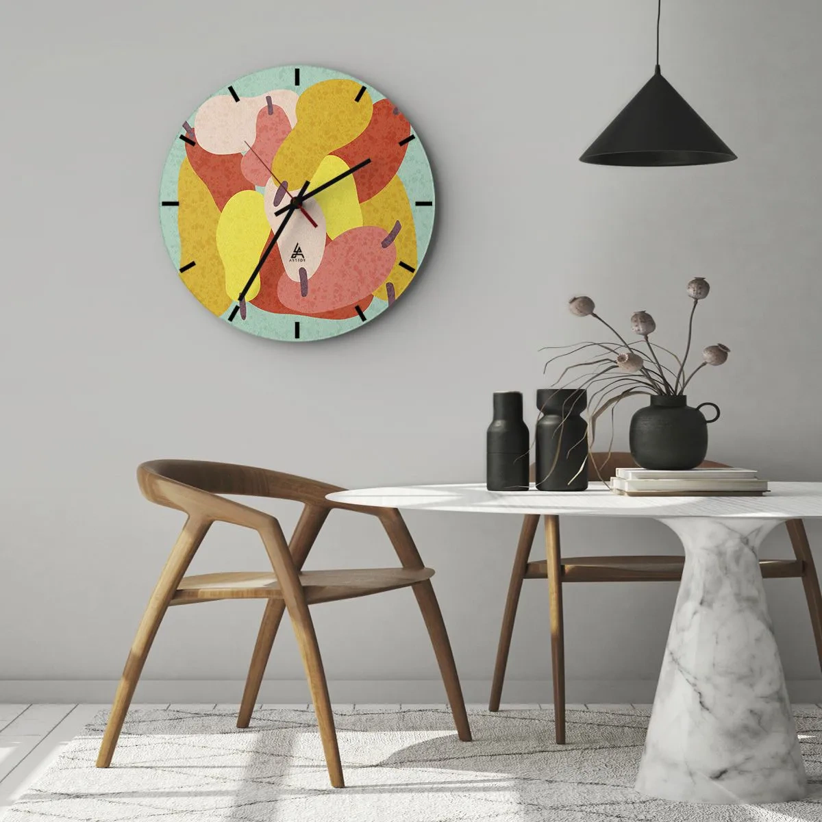 Nástěnné hodiny - Barevné hrušky v grafickém stylu na tyrkysovém pozadí - 30x30cm - Ochutnejte letní slunce - Moderní nástěnná dekorace do obývacího pokoje, kuchyně a ložnice ARTTOR