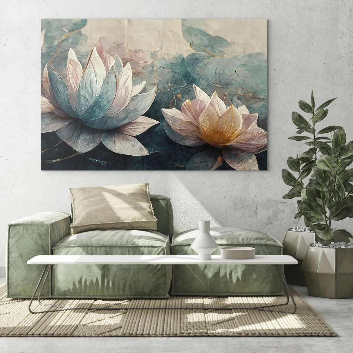 Obraz na skle - Umělecké znázornění lotosových květů na pozadí vodních listů. - 70x50cm - Hvězdy a jezero - Moderní nástěnná dekorace do obývacího pokoje a ložnice ARTTOR
