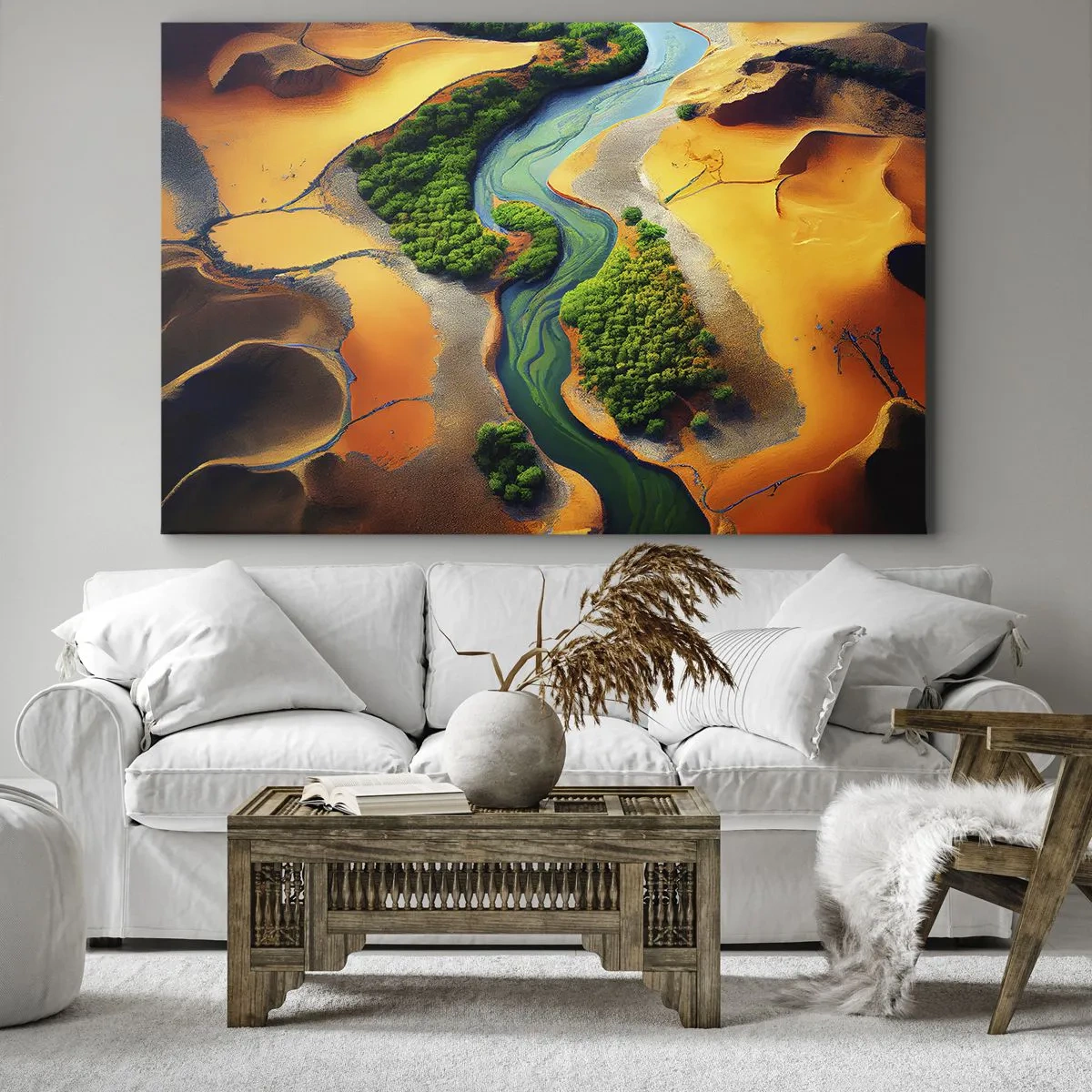 Obraz na plátně - Zelená řeka obklopená zlatým pískem a vegetací - 70x50cm - Životodárná řeka - Moderní nástěnná dekorace do obývacího pokoje a ložnice ARTTOR