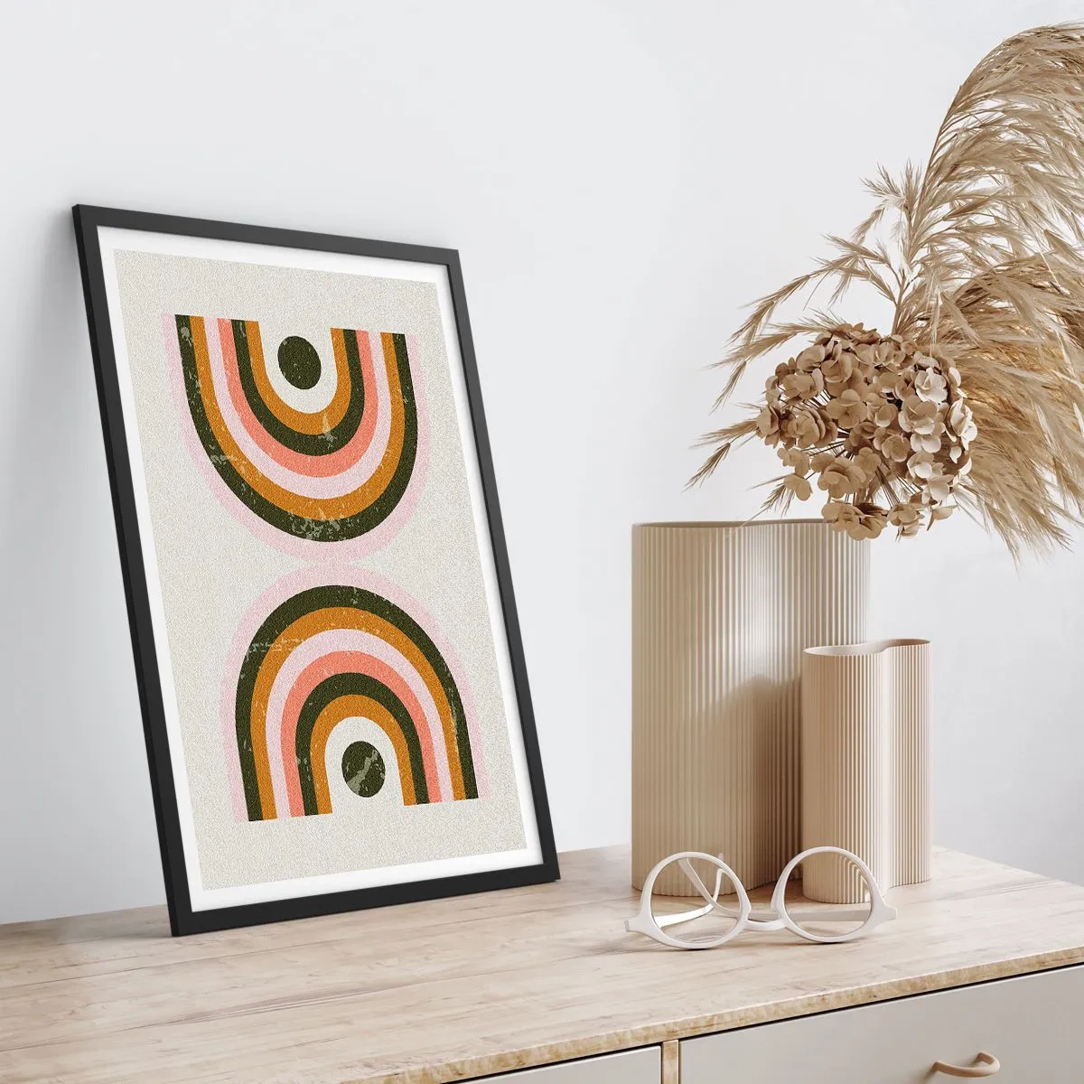 Plakát v černém rámu - Geometrická kompozice v retro stylu - 50x70cm - Dvojitá abstrakce - Moderní nástěnná dekorace do obývacího pokoje a ložnice ARTTOR