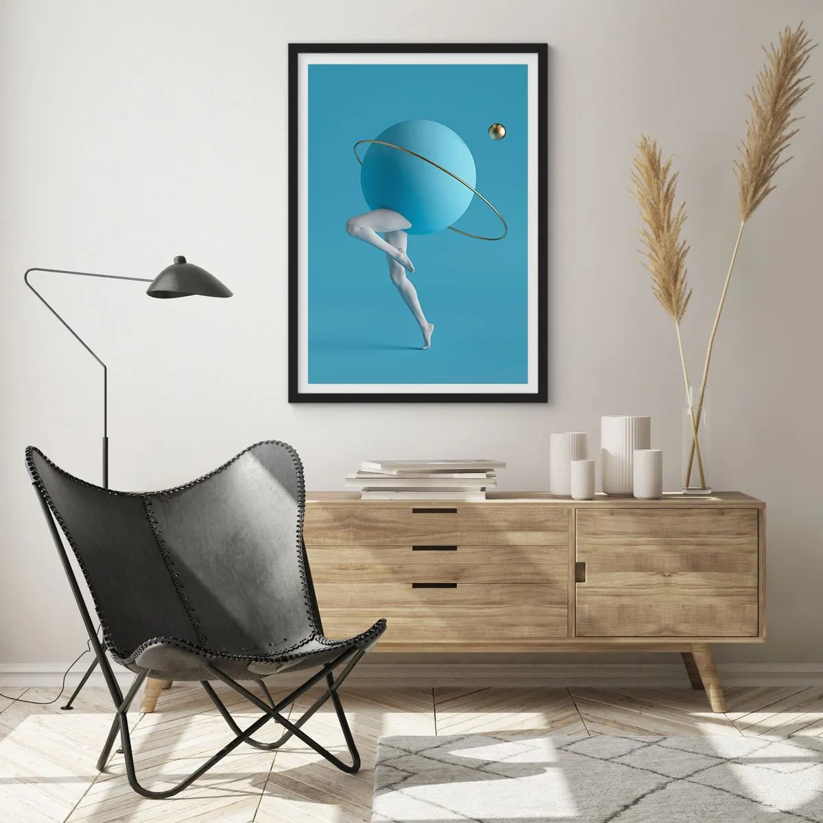 Plakát v černém rámu - Postava s planetou místo hlavy v surrealistické kompozici - 50x70cm - Šílenství planet - Moderní nástěnná dekorace do obývacího pokoje a ložnice ARTTOR