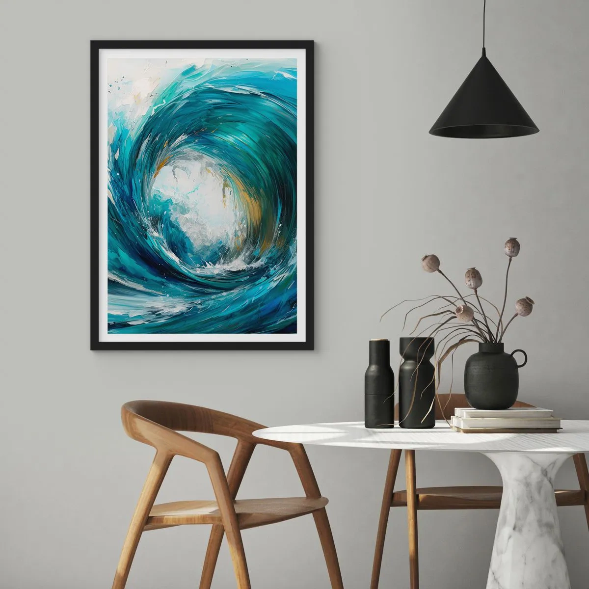 Plakát v černém rámu - Abstraktní vlna v odstínech tyrkysové, modré a bílé - 50x70cm - Mořský portál - Moderní nástěnná dekorace do obývacího pokoje a ložnice ARTTOR