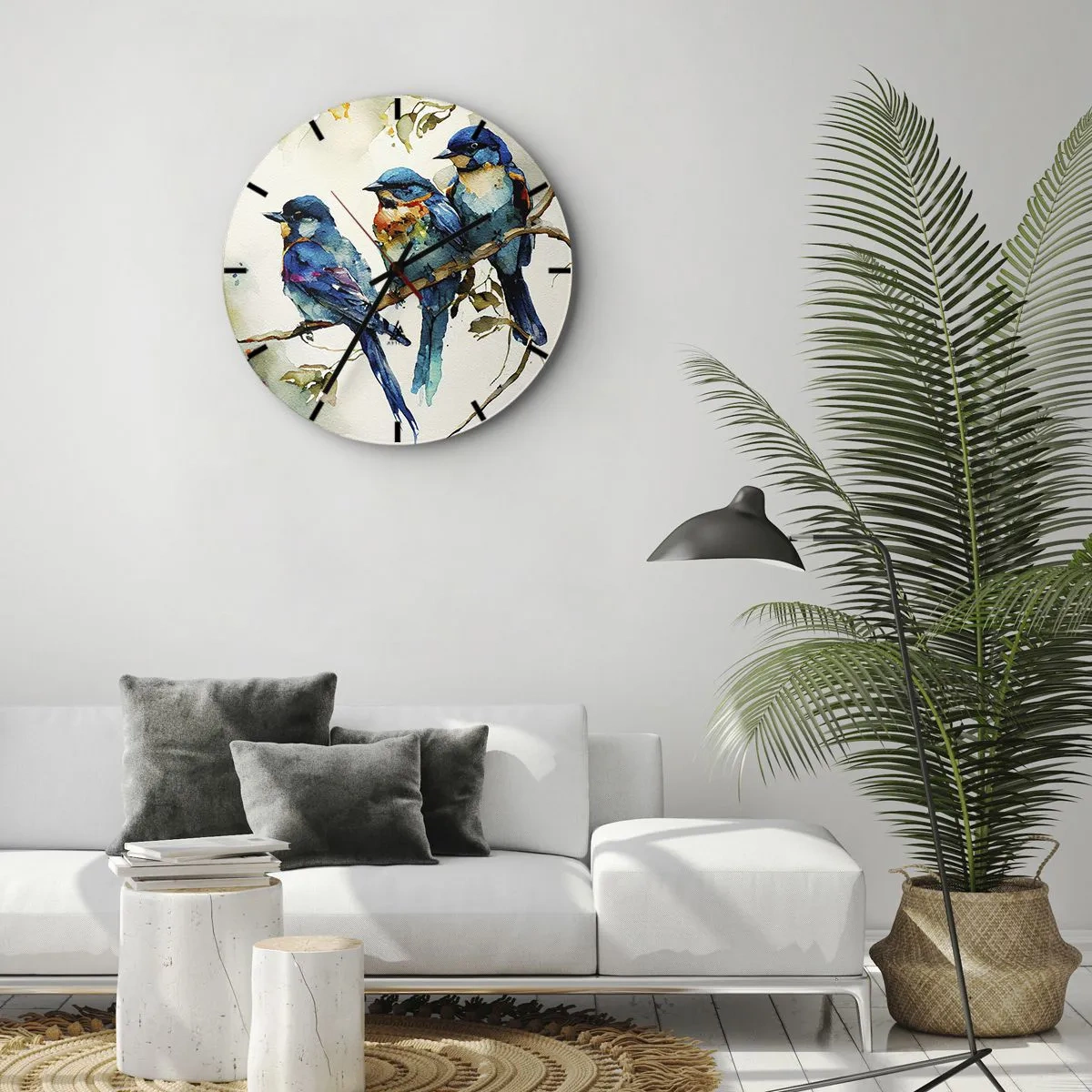 Nástěnné hodiny - Barevní ptáci na větvi ve stylu akvarelové ilustrace - 30x30cm - Urazil se? - Moderní nástěnná dekorace do obývacího pokoje, kuchyně a ložnice ARTTOR