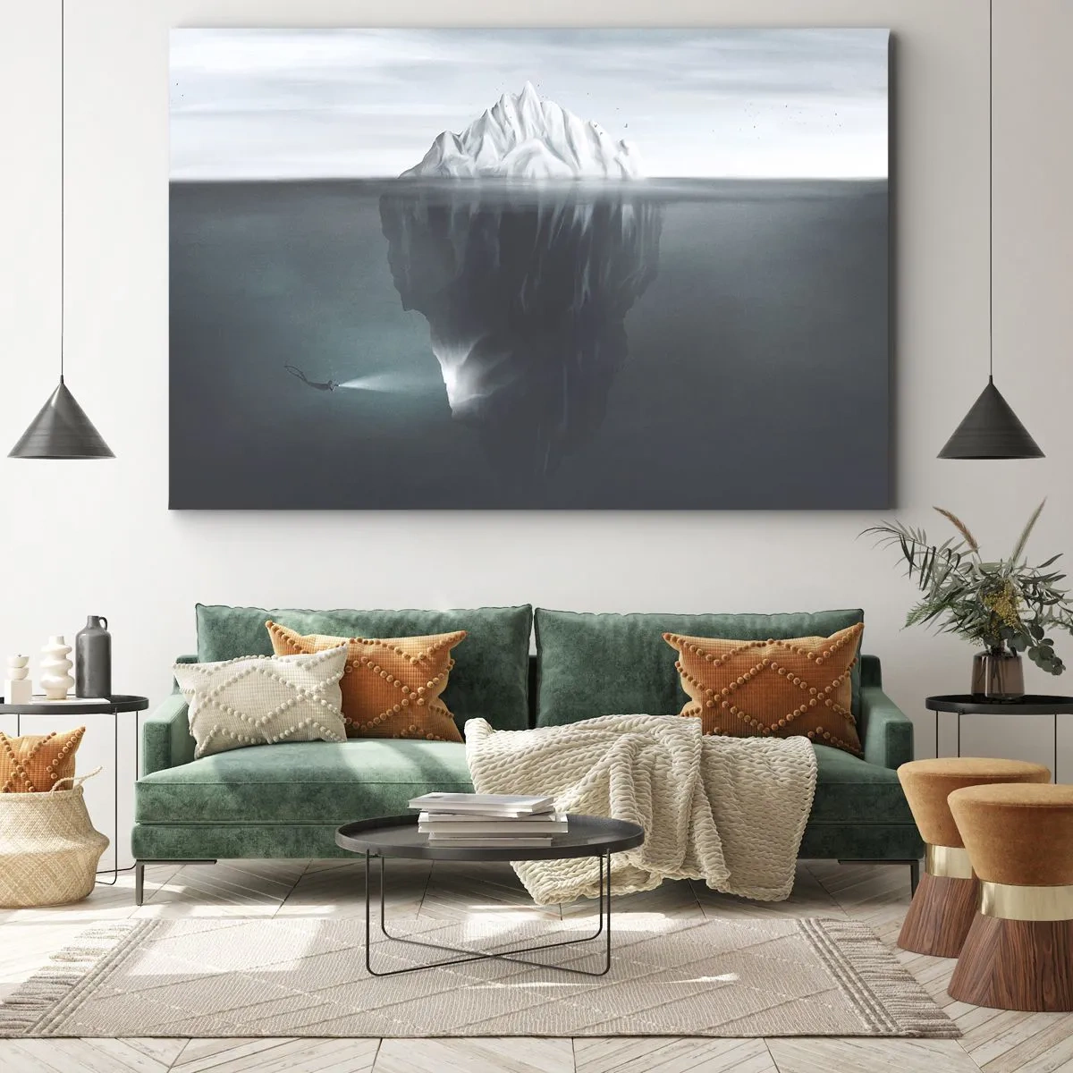 Obraz na plátně - Ledovec ve vodě s potápěčem a reflektorem pod hladinou. - 70x50cm - Podvodní tajemství - Moderní nástěnná dekorace do obývacího pokoje a ložnice ARTTOR