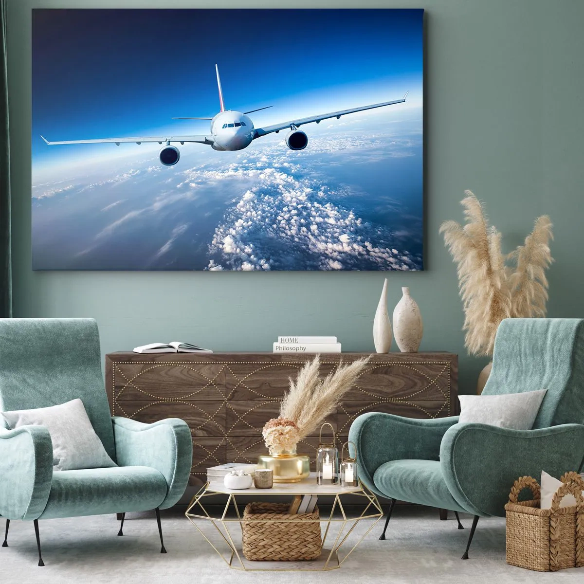 Obraz na plátně - Letadlo letící nad mraky proti modré obloze - 70x50cm - Letím protože chci - Moderní nástěnná dekorace do obývacího pokoje a ložnice ARTTOR