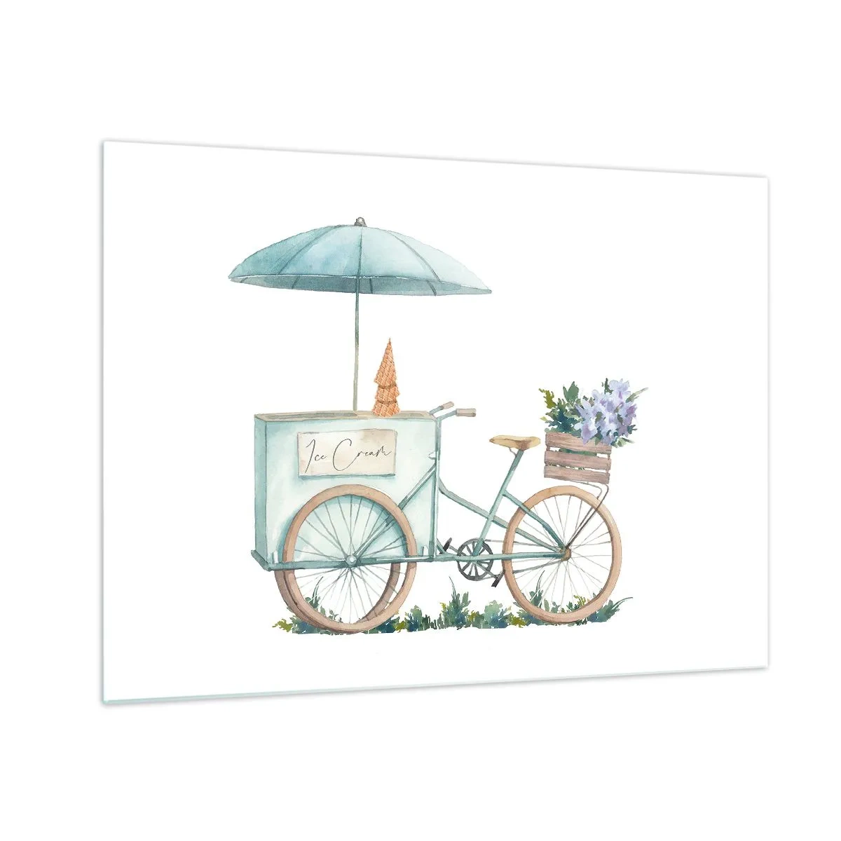 Obraz na skle - Kolo se zmrzlinou a pastelovými květinami - 70x50cm - Sladká vzpomínka na léto - Moderní nástěnná dekorace do obývacího pokoje a ložnice ARTTOR