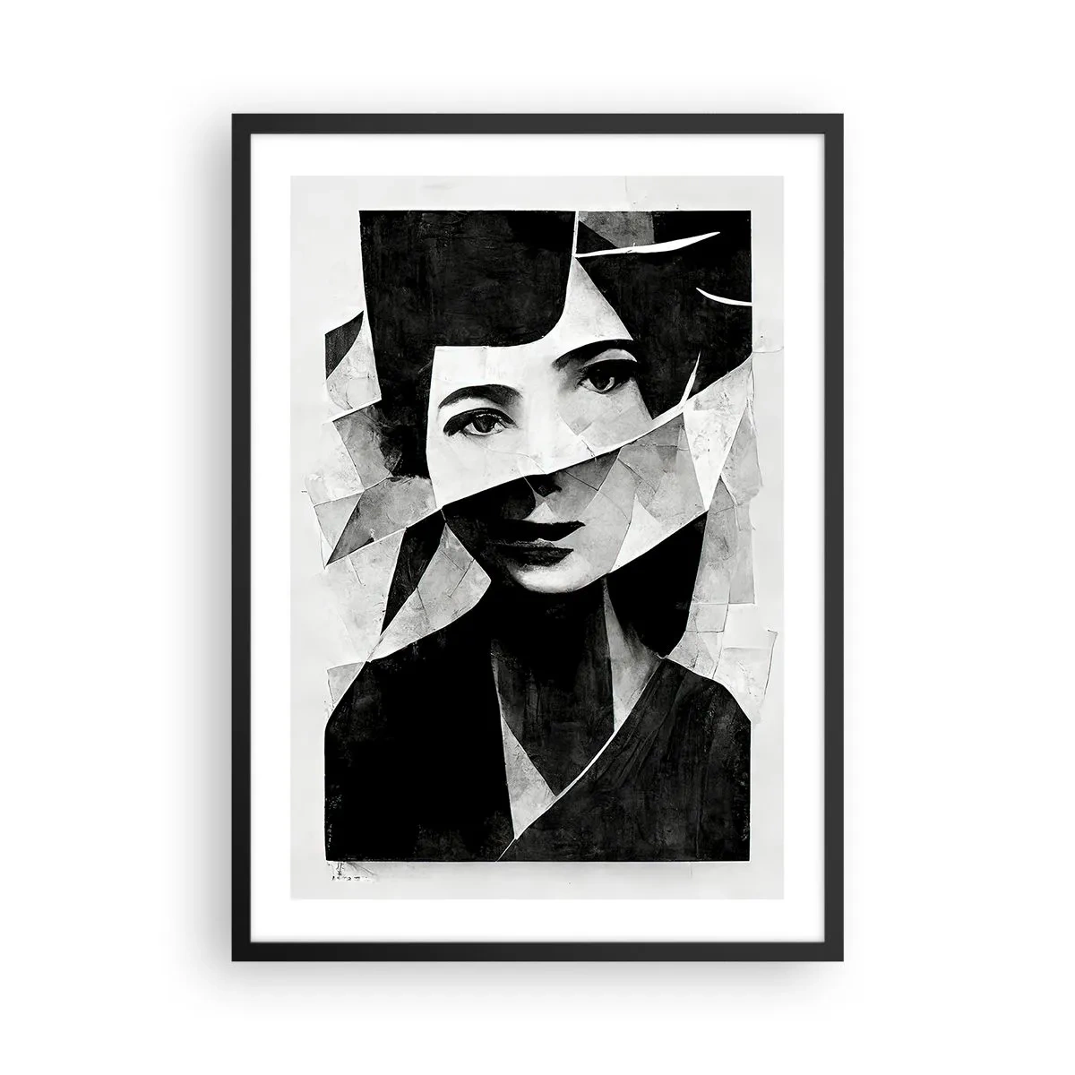 Plakát v černém rámu - Portrét ženy v abstraktní kompozici - 50x70cm - Něco o tobě… - Moderní nástěnná dekorace do obývacího pokoje a ložnice ARTTOR