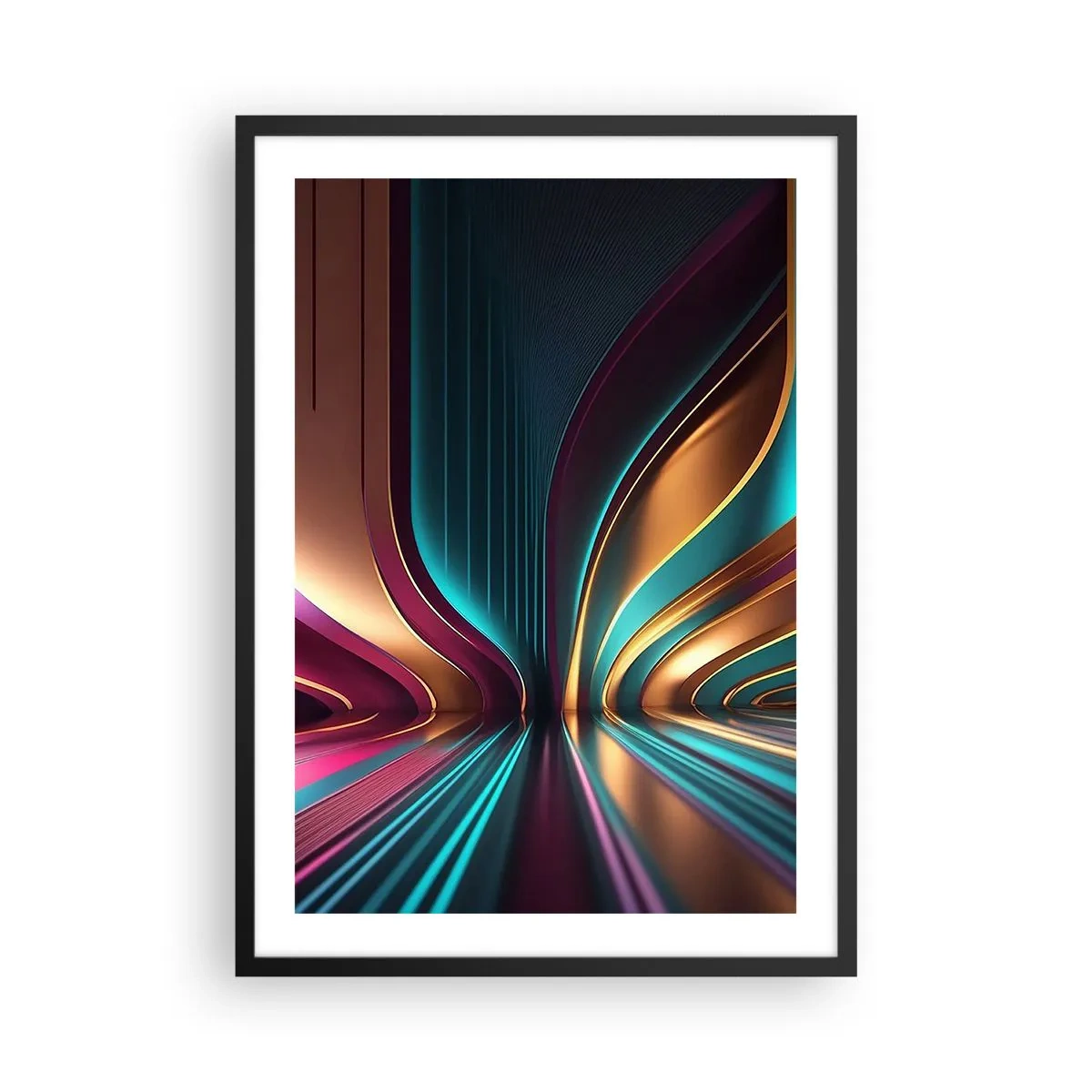 Plakát v černém rámu - Futuristická abstrakce ve zlatých a tyrkysových barvách - 50x70cm - Architektura světla - Moderní nástěnná dekorace do obývacího pokoje a ložnice ARTTOR