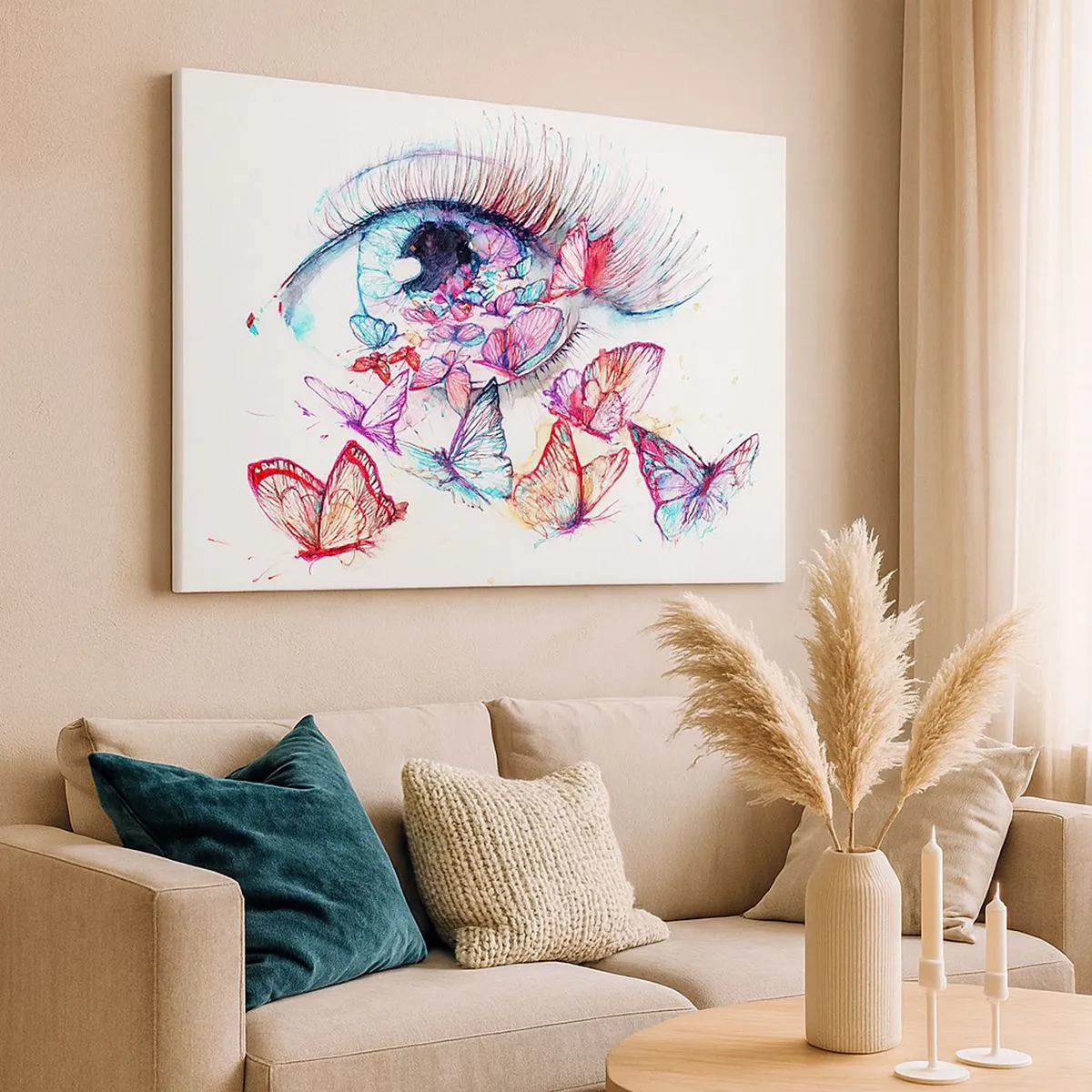 Obraz na plátně - Akvarelové oko obklopené barevnými motýly - 70x50cm - Pohádkové kouzlo očí - Moderní nástěnná dekorace do obývacího pokoje a ložnice ARTTOR