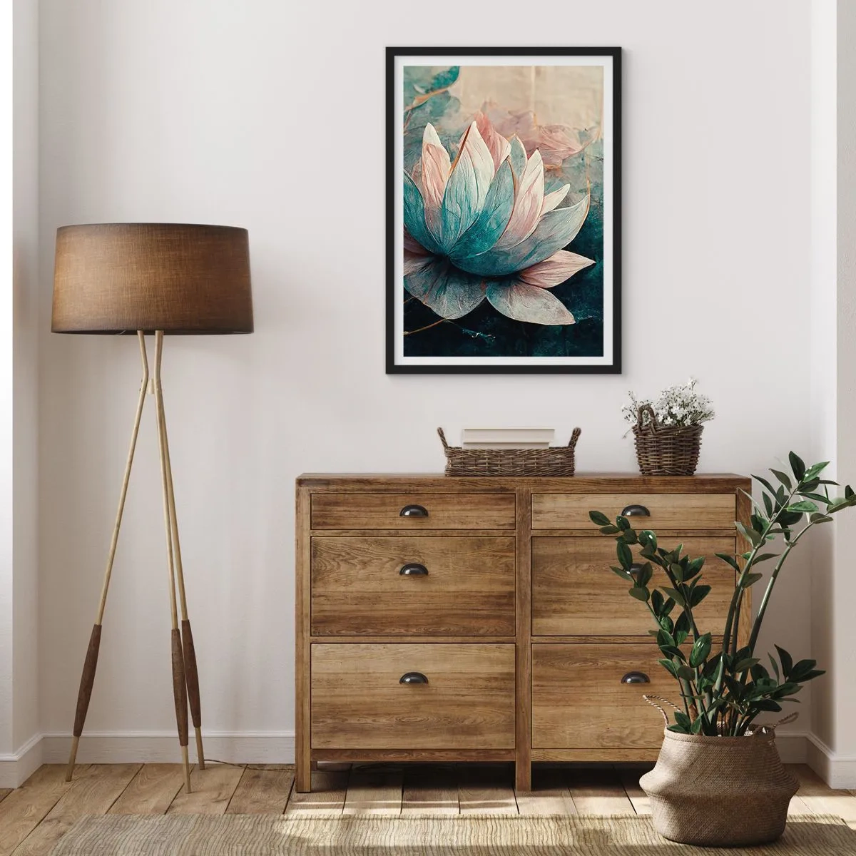 Plakát v černém rámu - Jemný lotosový květ s mystickou aurou - 50x70cm - Hvězdy a jezero - Moderní nástěnná dekorace do obývacího pokoje a ložnice ARTTOR