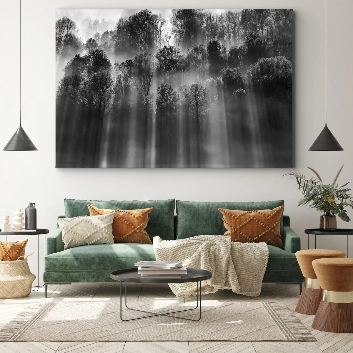 Obraz na plátně - Černobílý les v ranním světle - 70x50cm - V paprscích světla - Moderní nástěnná dekorace do obývacího pokoje a ložnice ARTTOR