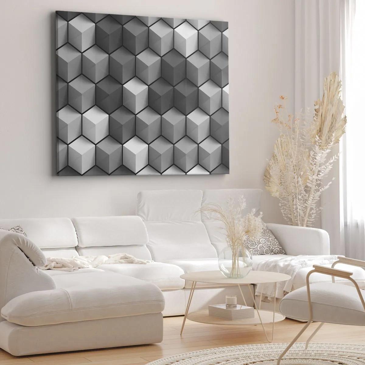 Obraz na plátně - Geometrické složení kostek v odstínech šedé a černé - 70x50cm - Kubistické puzzle - Moderní nástěnná dekorace do obývacího pokoje a ložnice ARTTOR