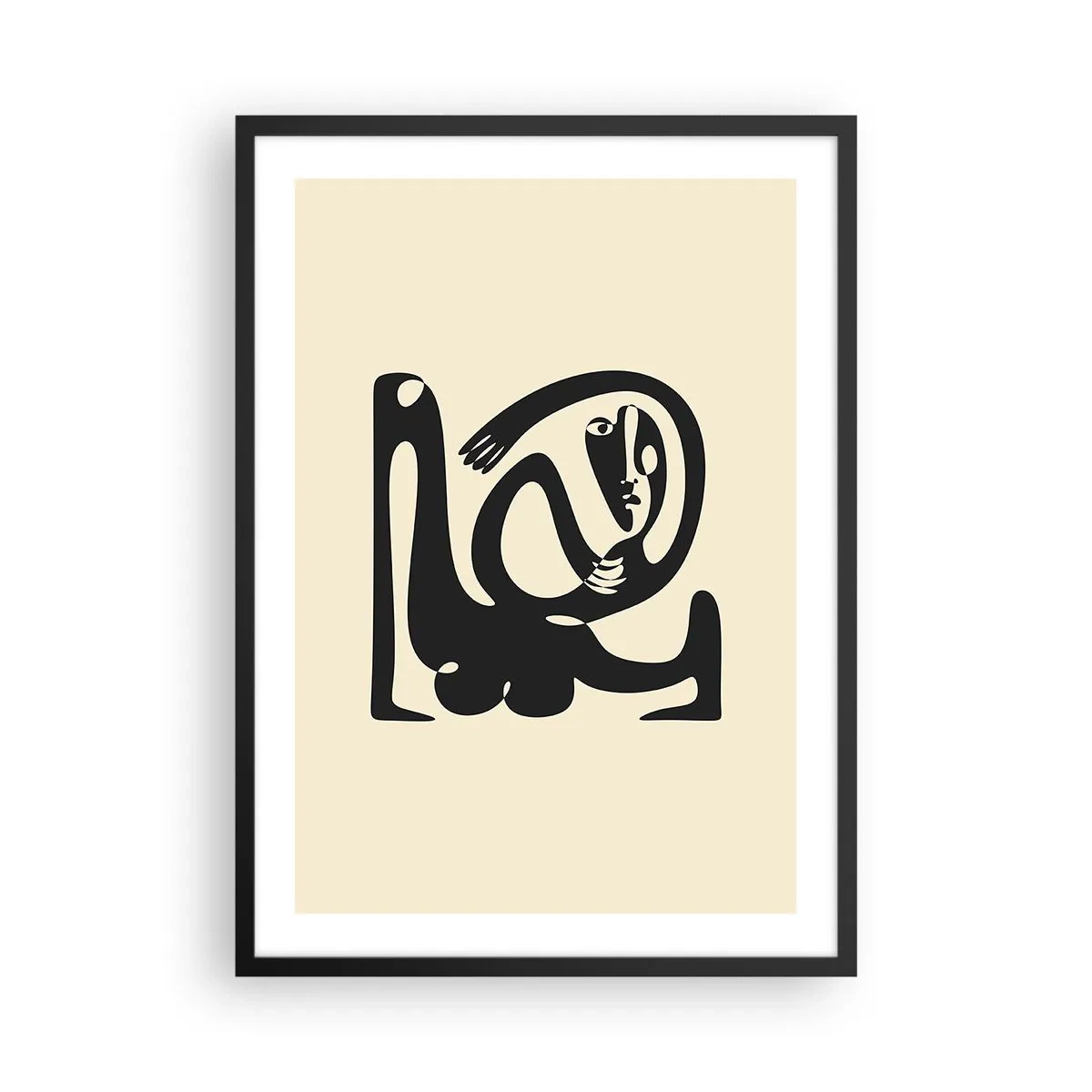 Plakát v černém rámu - Abstraktní postava na béžovém pozadí s černými čarami - 50x70cm - Téměř Picasso - Moderní nástěnná dekorace do obývacího pokoje a ložnice ARTTOR