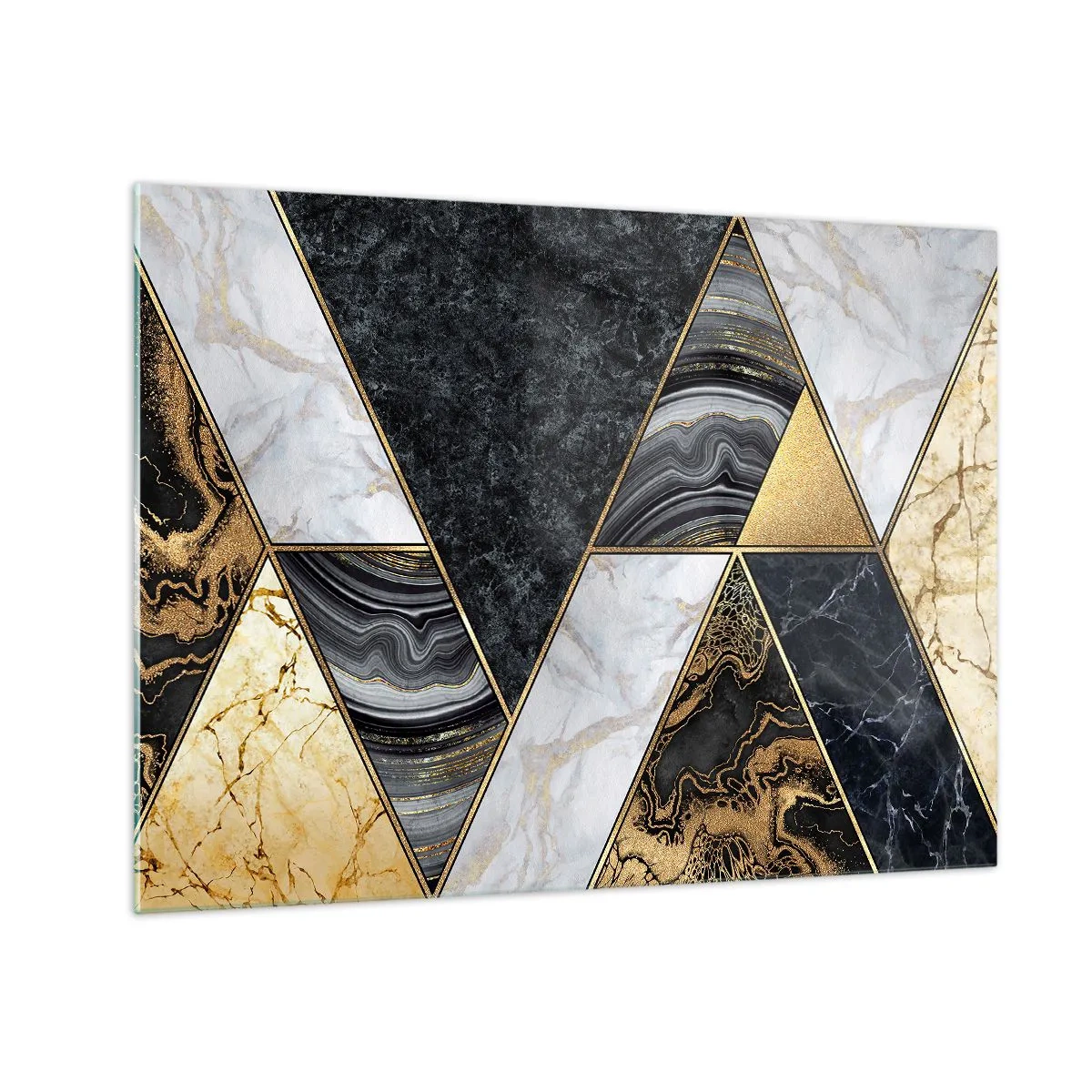 Obraz na skle - Geometrický vzor z mramoru a zlatých trojúhelníků - 70x50cm - Kámen vedle kamene - Moderní nástěnná dekorace do obývacího pokoje a ložnice ARTTOR
