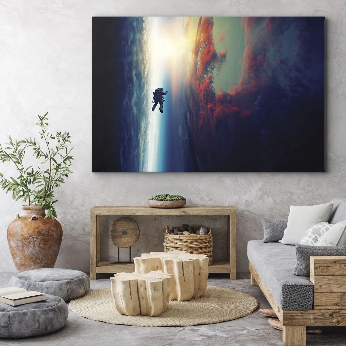 Obraz na plátně - Astronaut vznášející se ve vesmíru nad barevnou Zemí - 70x50cm - Tváří v tvář vesmíru - Moderní nástěnná dekorace do obývacího pokoje a ložnice ARTTOR