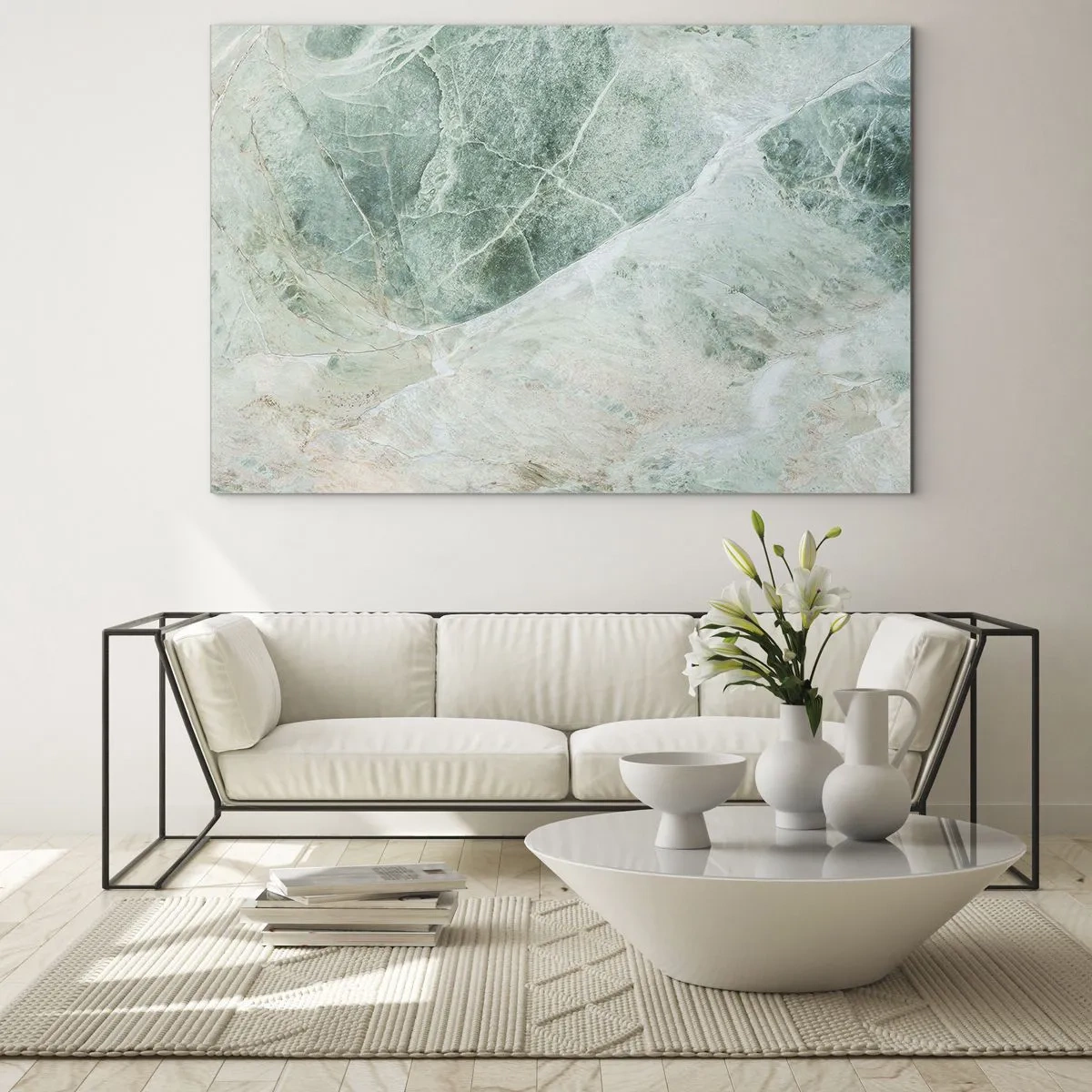 Obraz na skle - Zeleno-béžová textura připomínající přírodní kámen - 70x50cm - Ctný chlad kamene - Moderní nástěnná dekorace do obývacího pokoje a ložnice ARTTOR