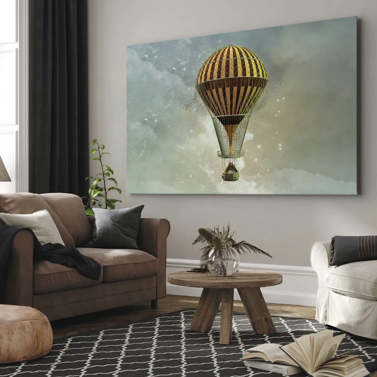Obraz na plátně - Horkovzdušný balón vznášející se mezi mraky - 70x50cm - Průkopnické lety - Moderní nástěnná dekorace do obývacího pokoje a ložnice ARTTOR